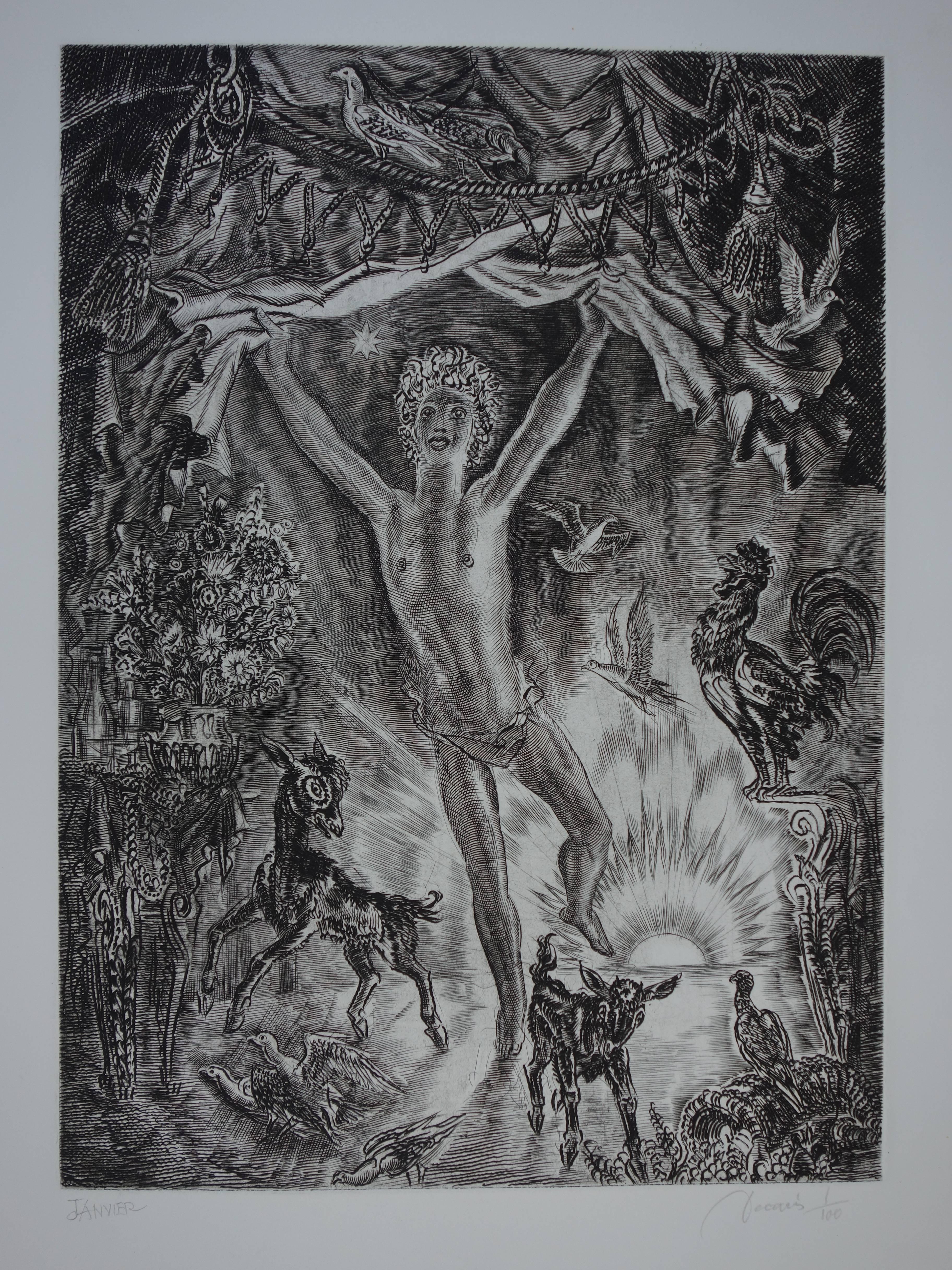 Januar : Aufstrebendes Neues Jahr - Original handsignierte Radierung - Außergewöhnlich n° 1/100 (Grau), Figurative Print, von Albert Decaris