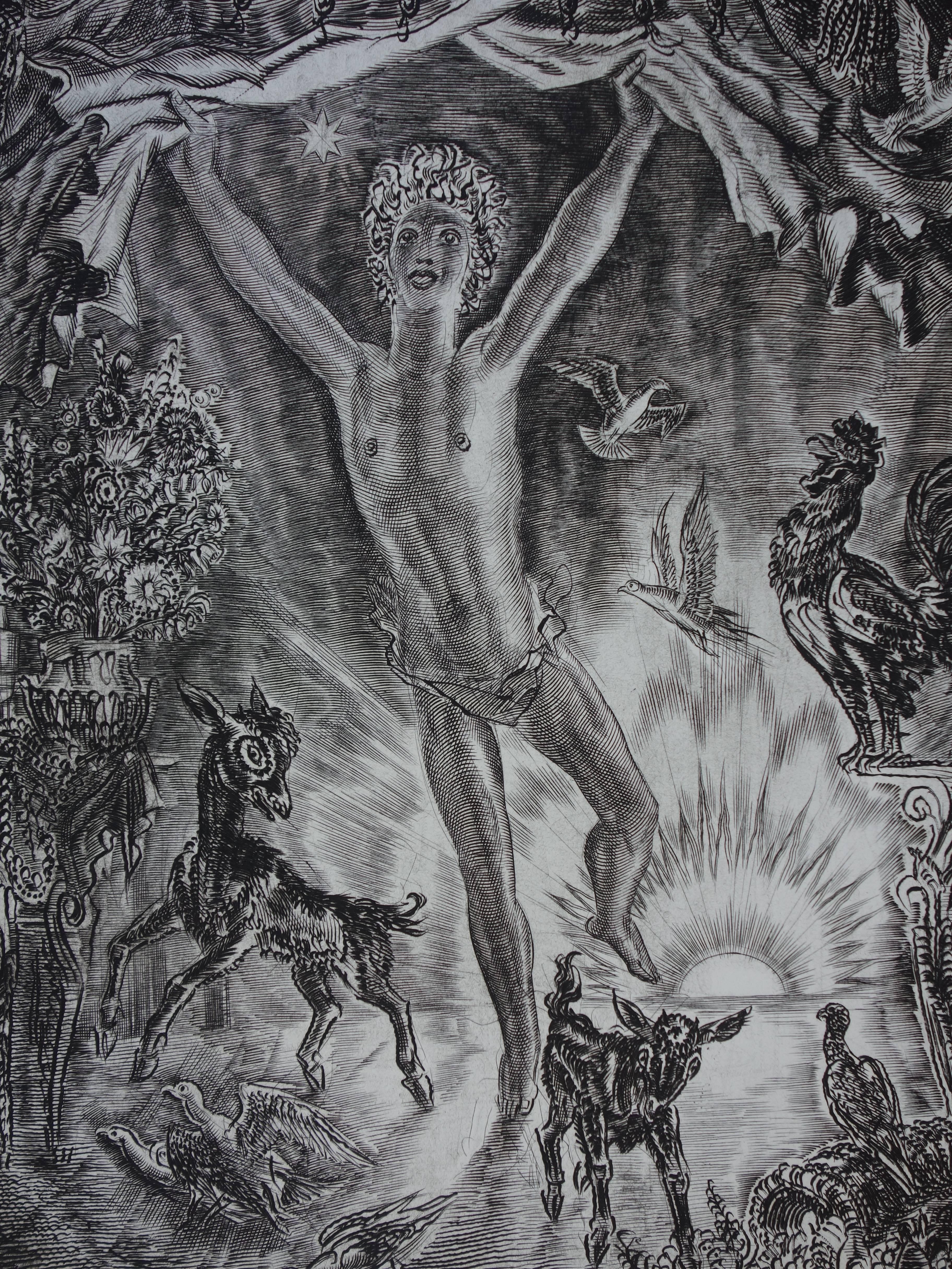 January : Rising New Year - Original handsigned etching - Exceptional n° 1/100 - Gray Figurative Print by Albert Decaris