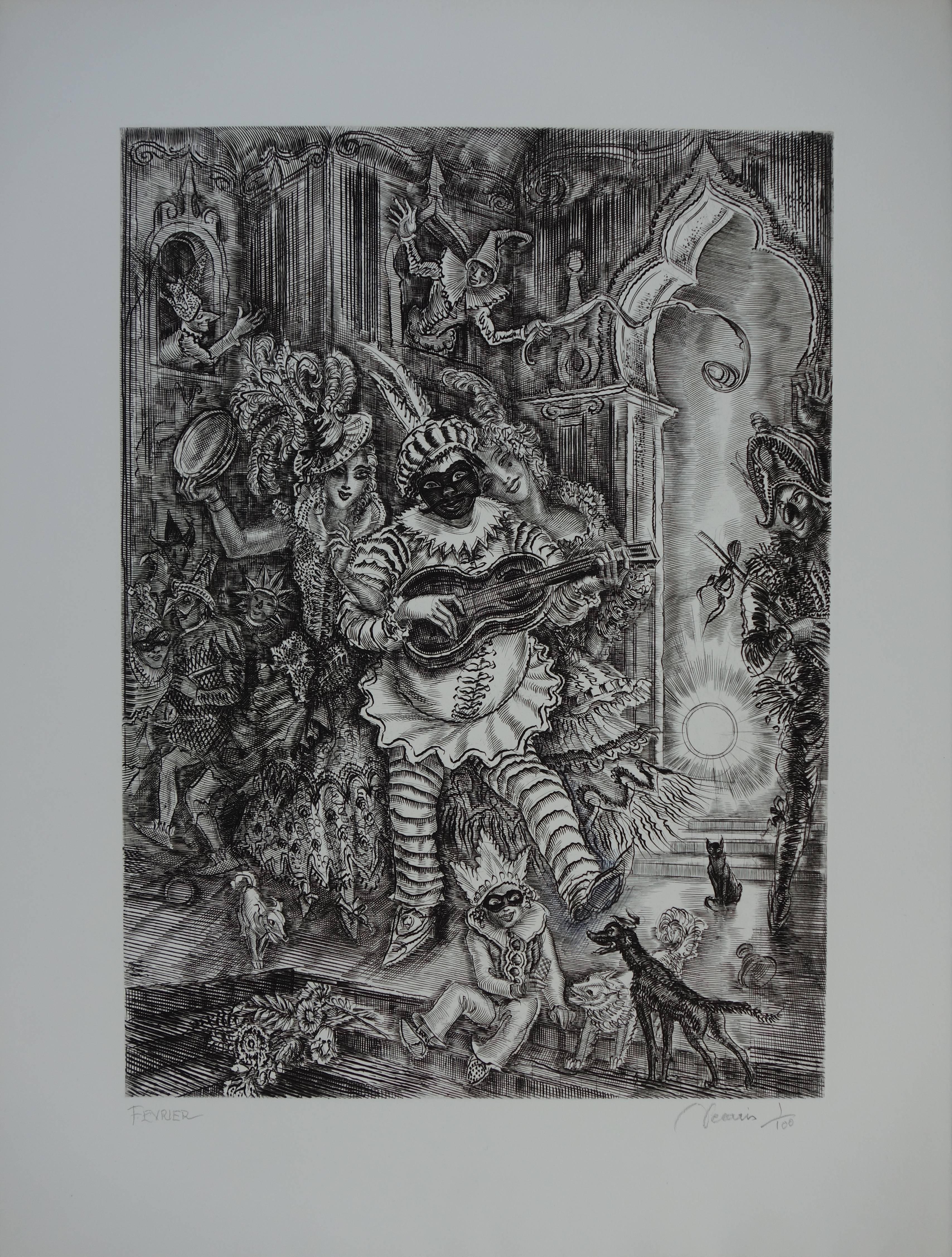 Februar: Karnevalszeit - Original handsignierte Radierung - Außergewöhnlich n° 1/100 (Realismus), Print, von Albert Decaris