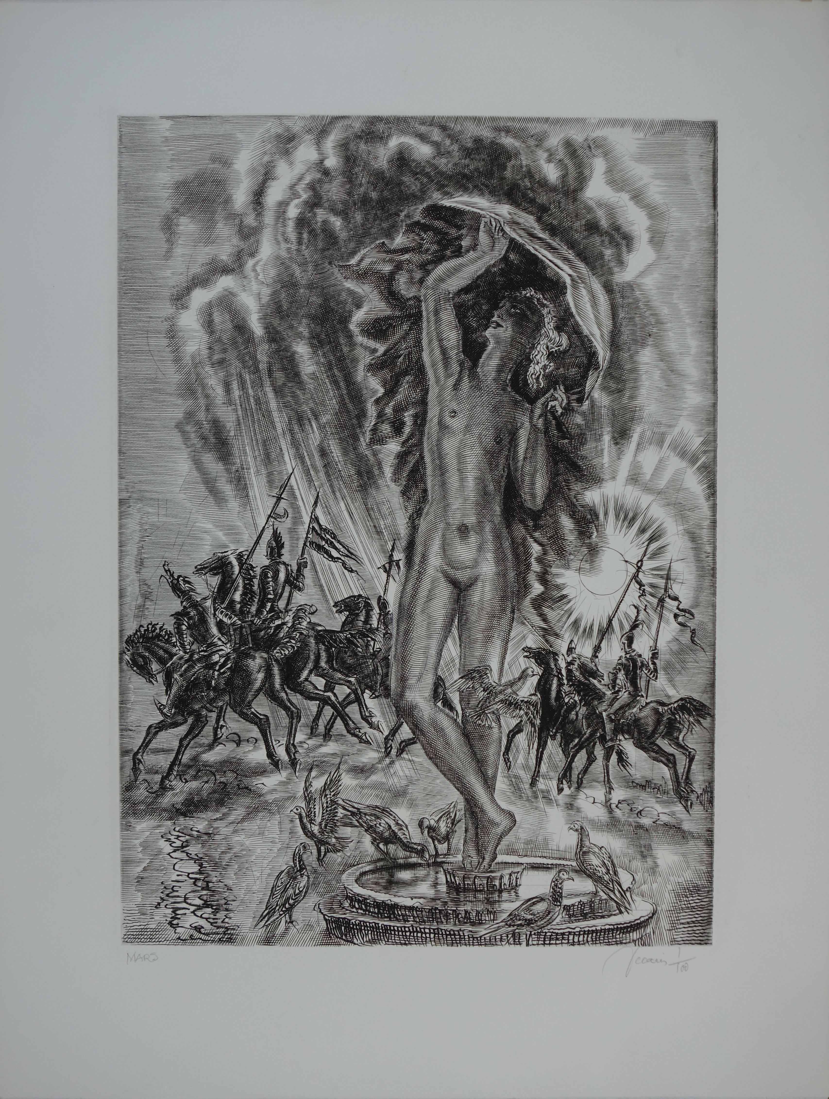 March : Last Fight of Winter - Original handsigned etching - Exceptional n°1/100 - Realist Print by Albert Decaris