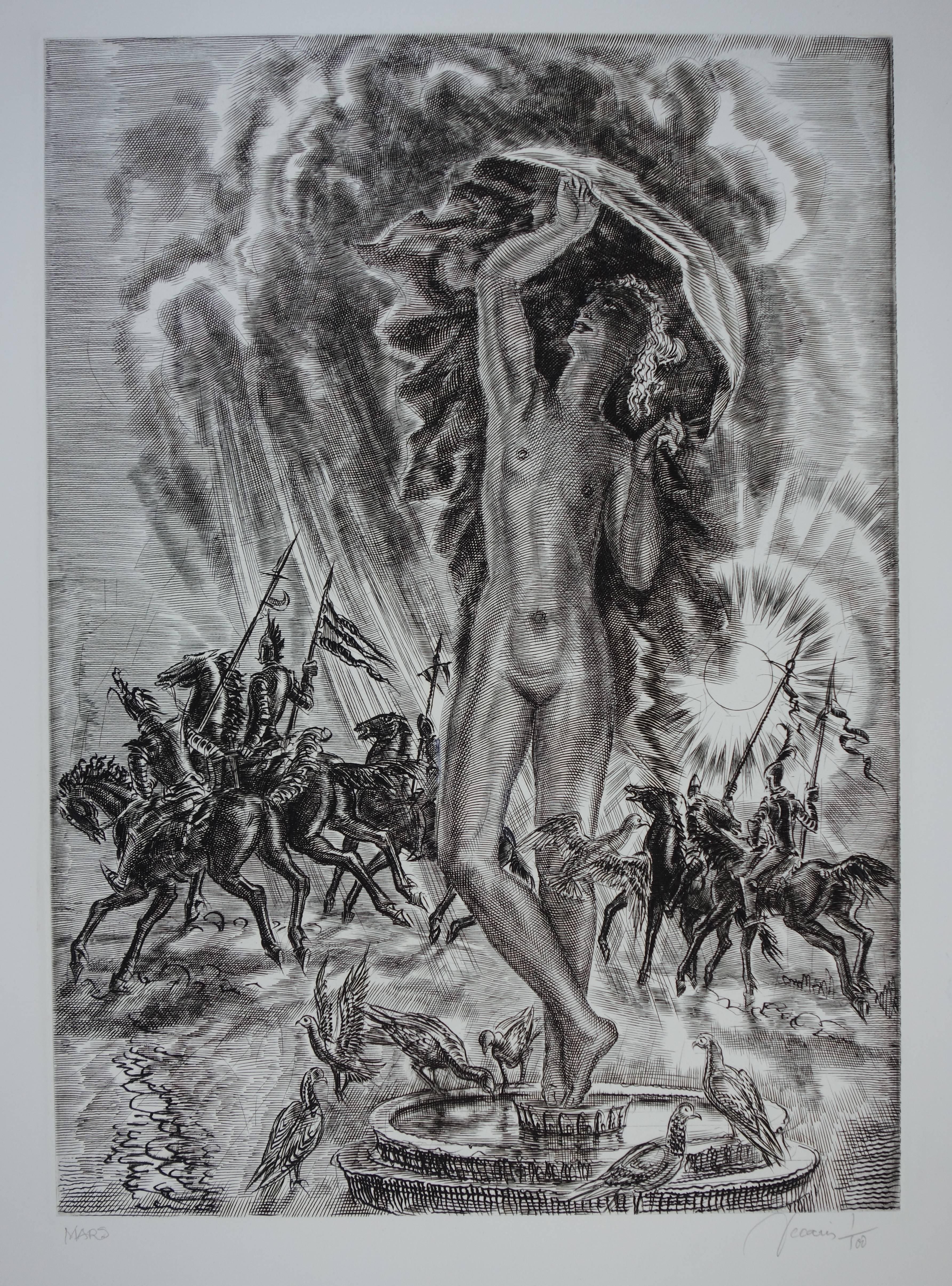 Albert Decaris Figurative Print - March : Last Fight of Winter - Original handsigned etching - Exceptional n°1/100