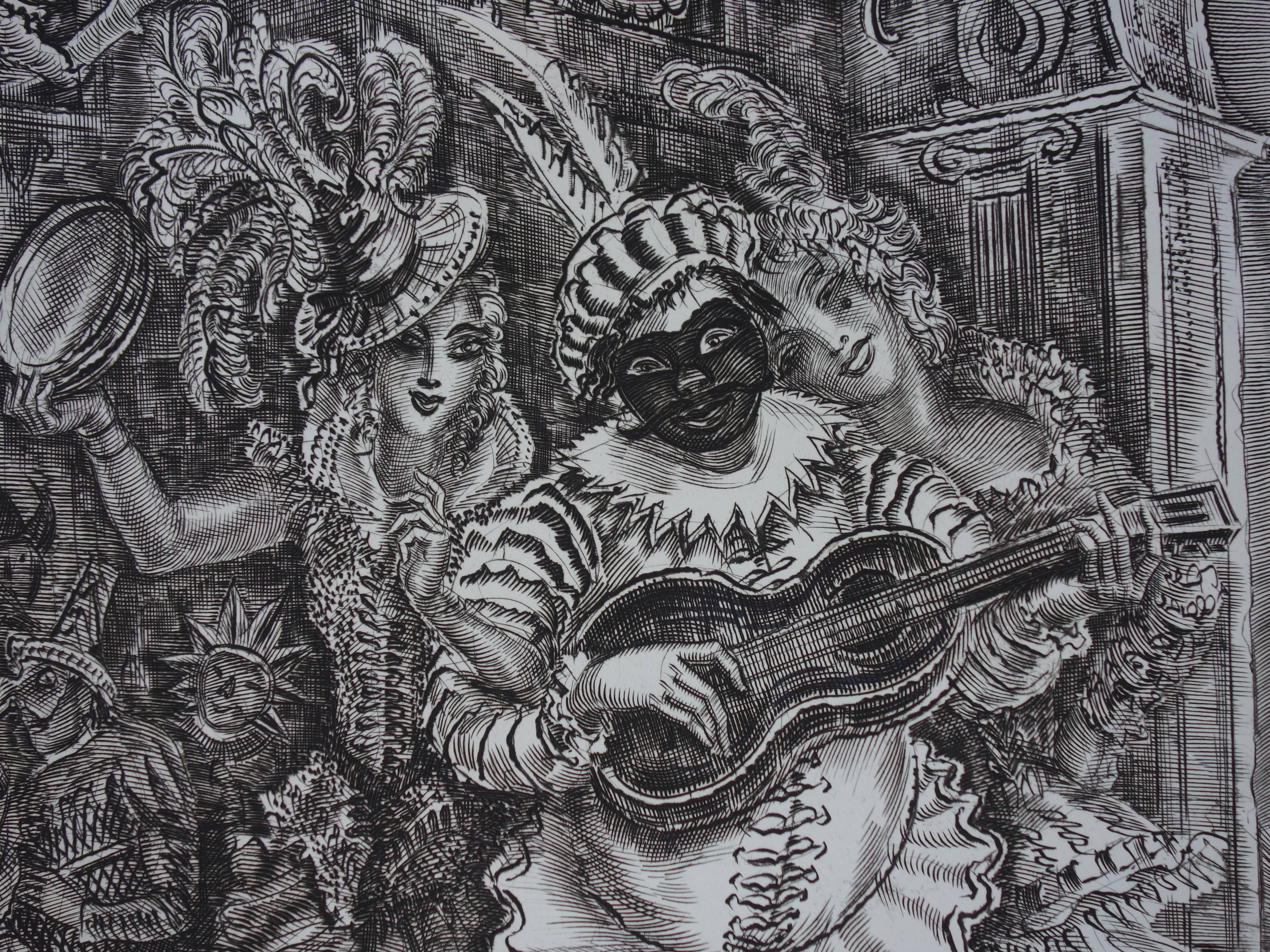 February : Carnival time - Original handsigned etching - Exceptional n° 1/100 - Gray Figurative Print by Albert Decaris