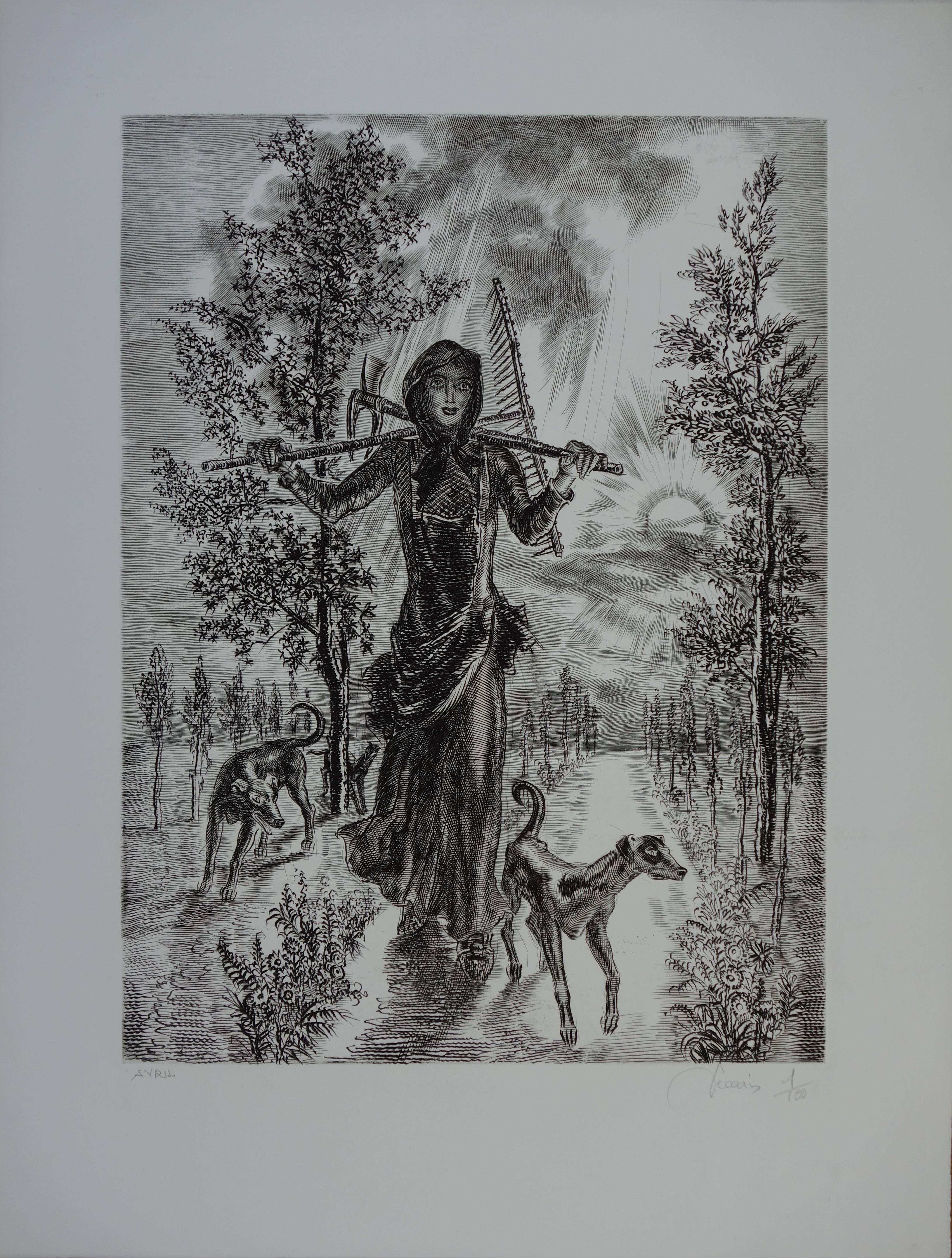 April : Zurück zu den Feldern - Original handsignierte Radierung - Außergewöhnlich n° 1/100 (Realismus), Print, von Albert Decaris