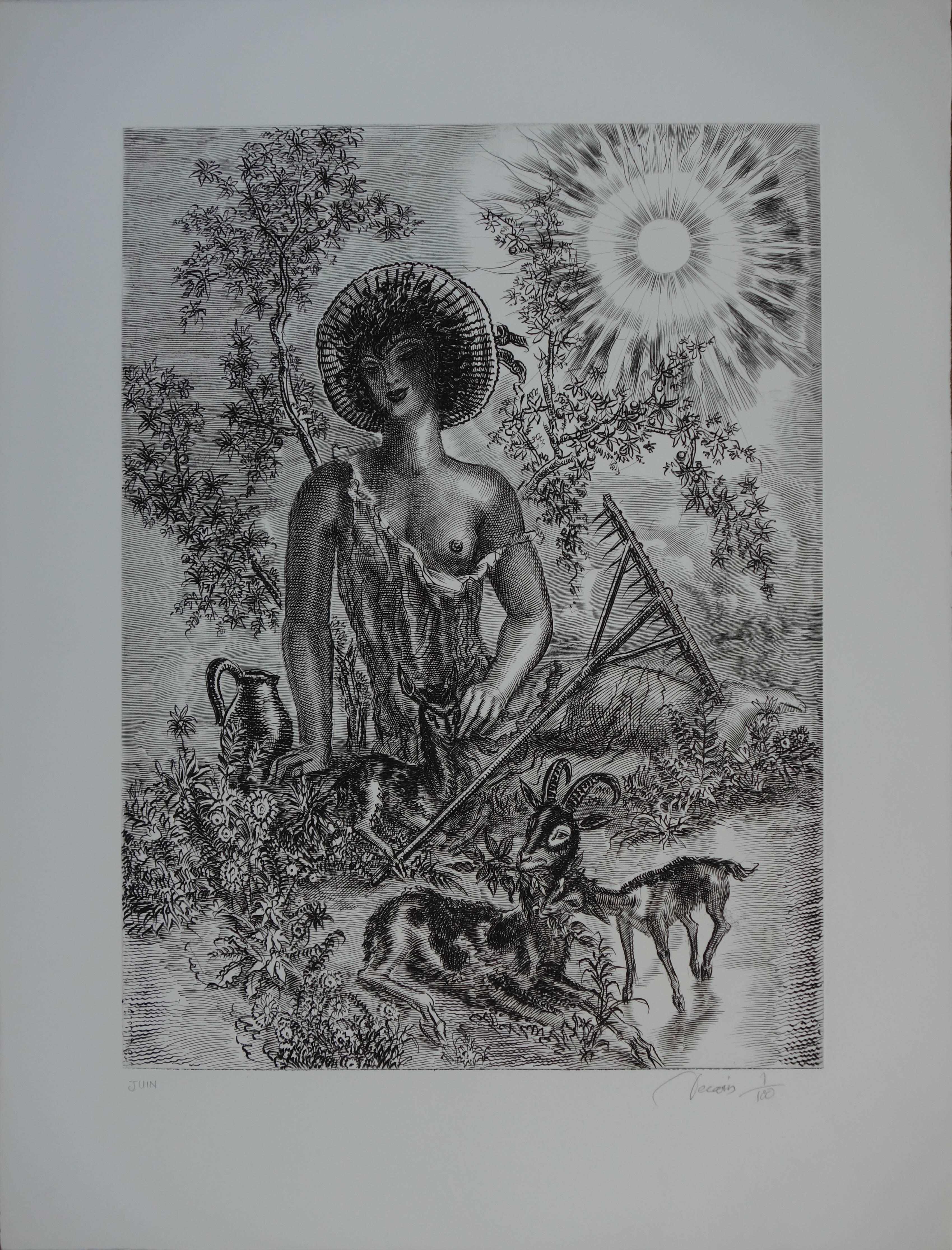 Juin : le berger - Gravure originale signée - Exceptionnel n° 1/100 - Réalisme Print par Albert Decaris