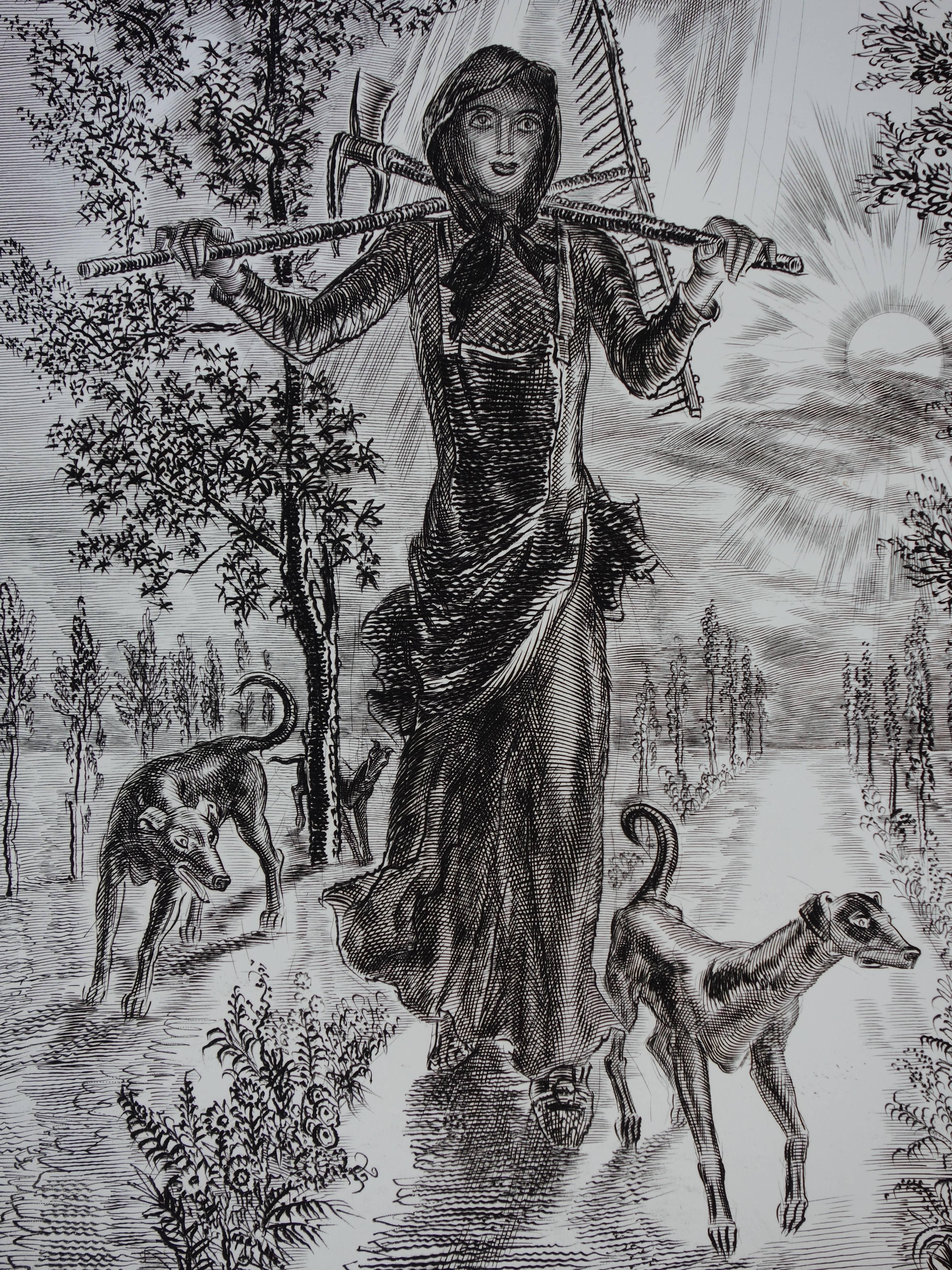 April : Back to the Fields - Original handsigned etching - Exceptional n° 1/100 - Gray Figurative Print by Albert Decaris