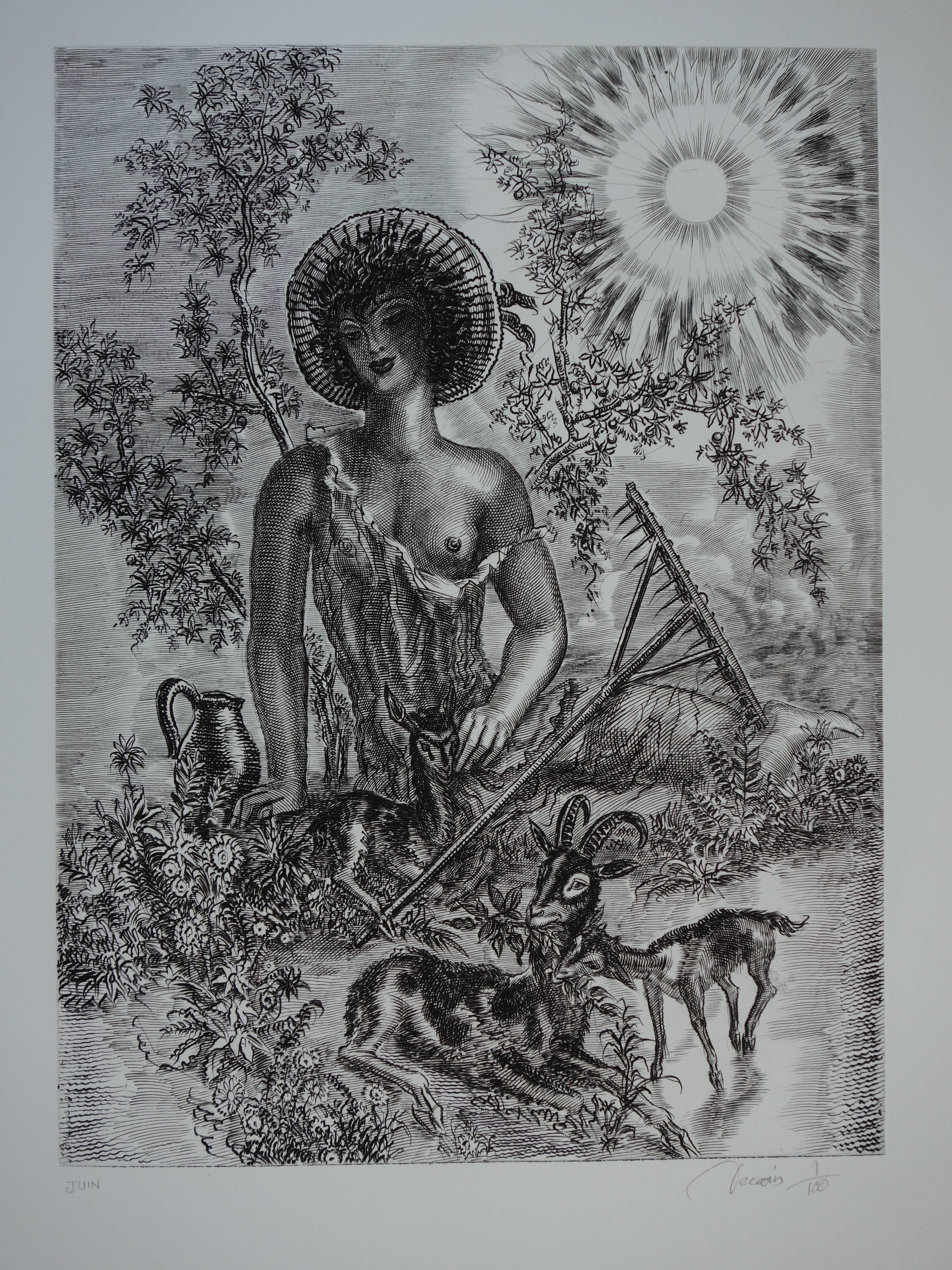 Albert Decaris Figurative Print – Juni : der Hirte - Original handsignierte Radierung - Außergewöhnlich n° 1/100
