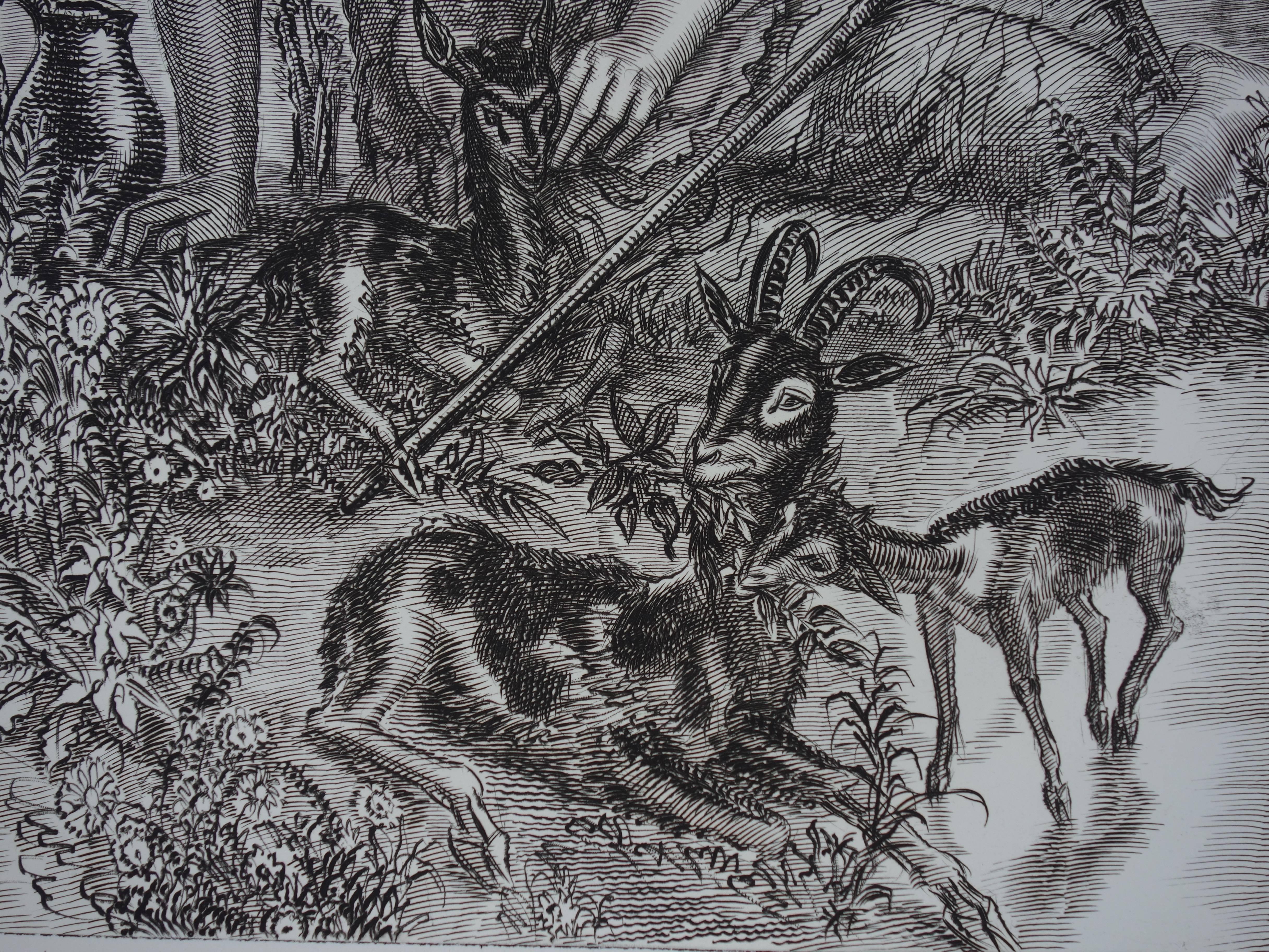 June : the Shepherd - Original handsigned etching - Exceptional n° 1/100 - Realist Print by Albert Decaris