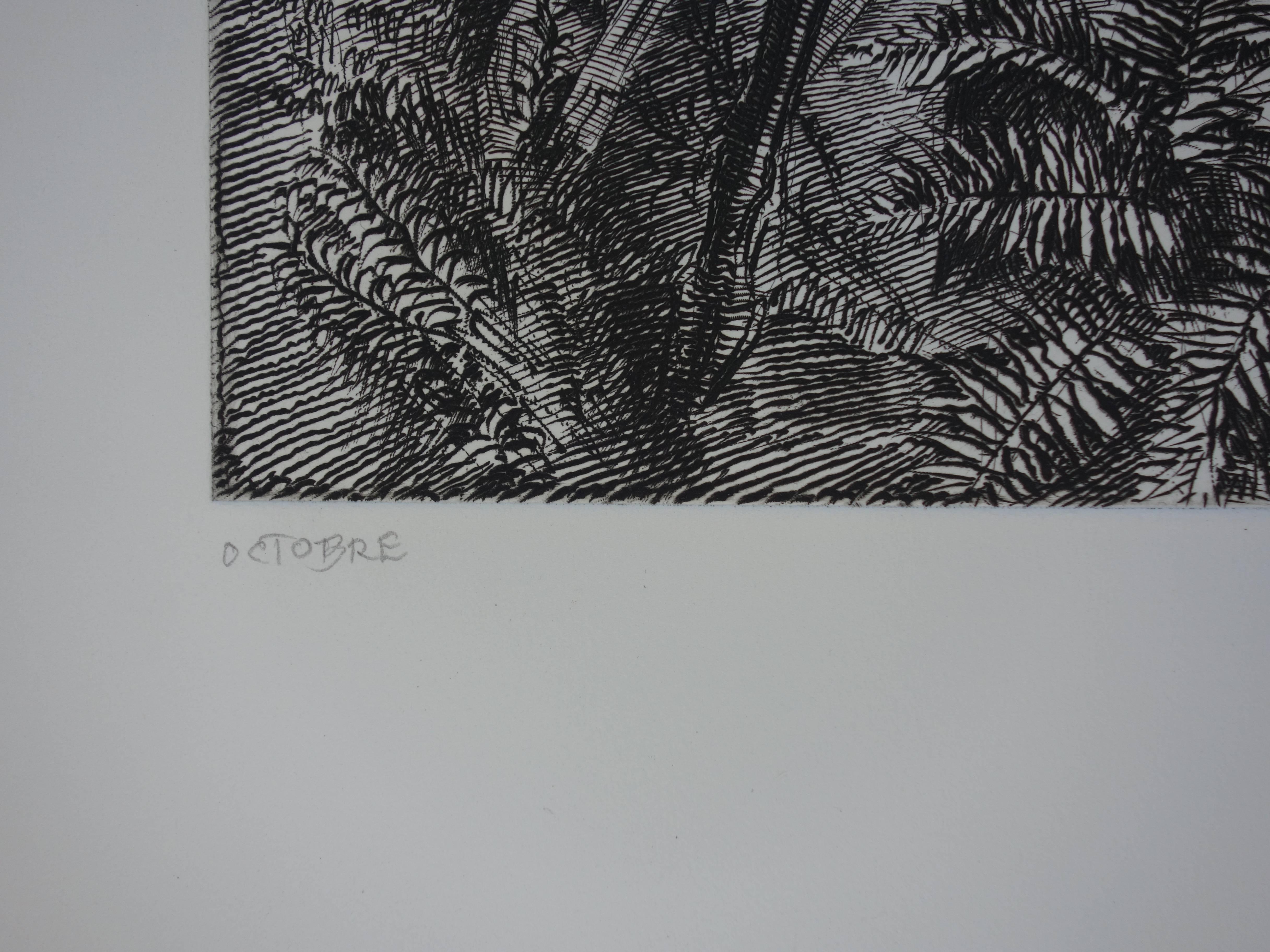 Oktober : Diane die Jägerin - Original handsignierte Radierung - Außergewöhnlich n°1/100 (Grau), Figurative Print, von Albert Decaris