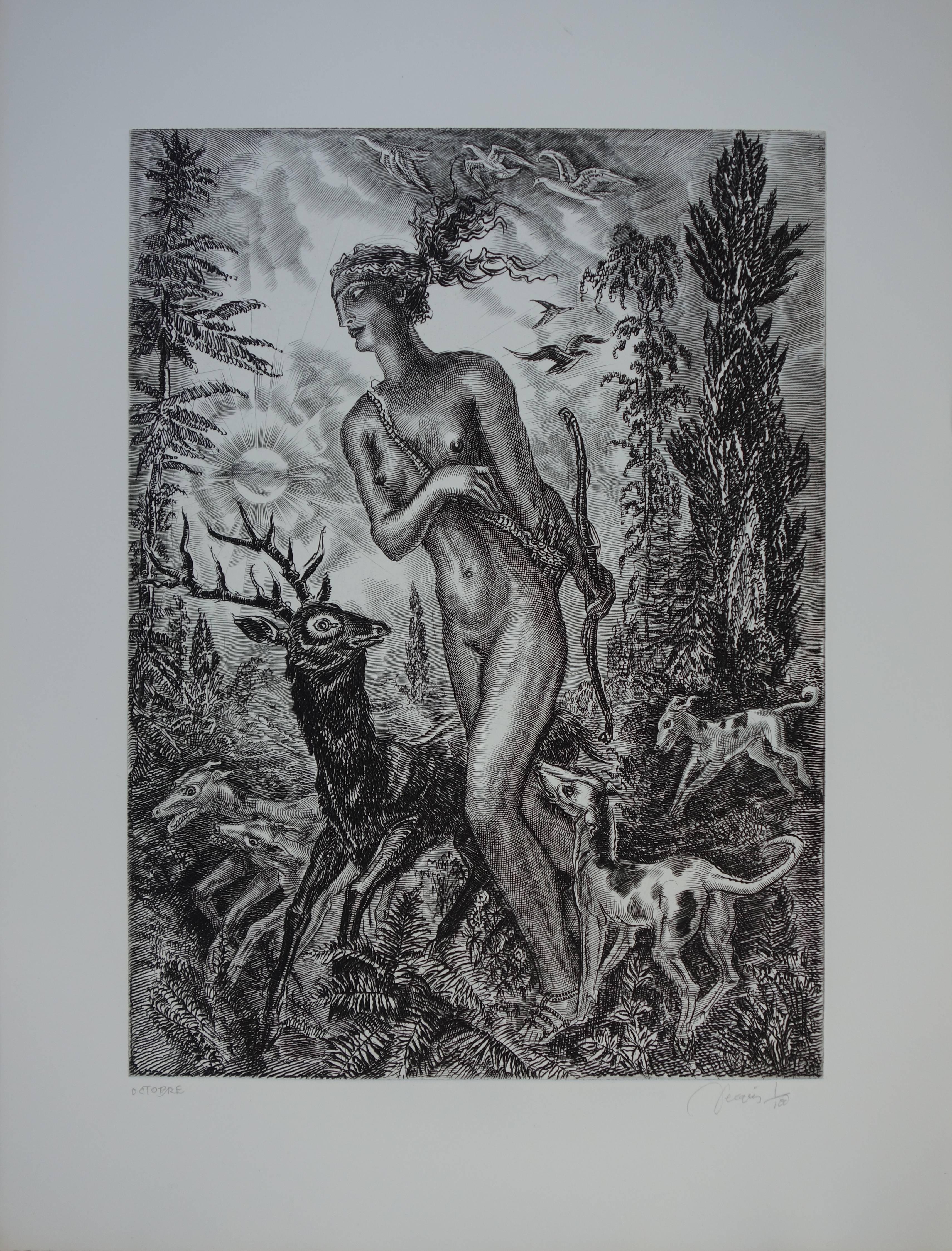 Oktober : Diane die Jägerin - Original handsignierte Radierung - Außergewöhnlich n°1/100 (Realismus), Print, von Albert Decaris