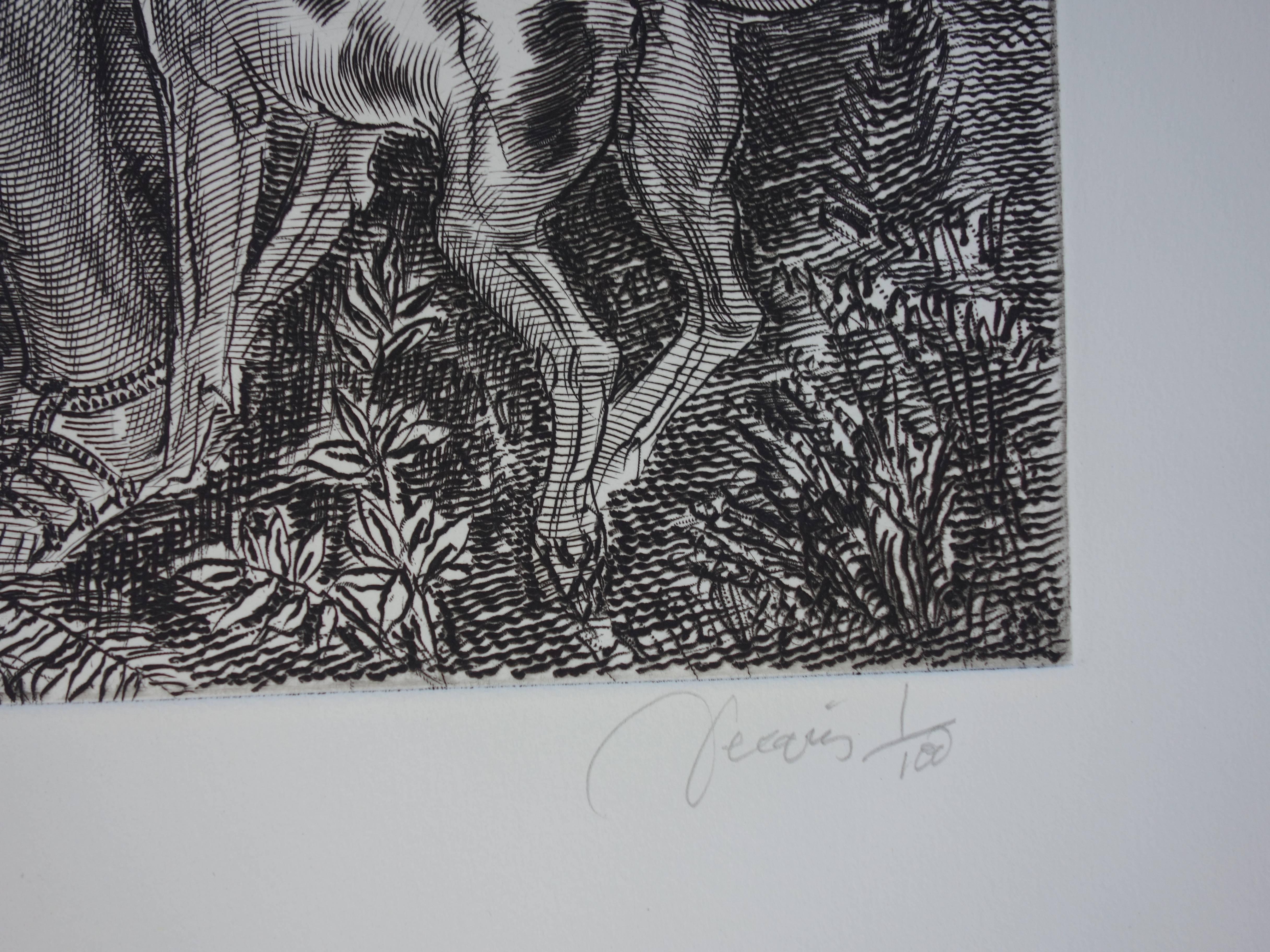 Oktober : Diane die Jägerin - Original handsignierte Radierung - Außergewöhnlich n°1/100 – Print von Albert Decaris