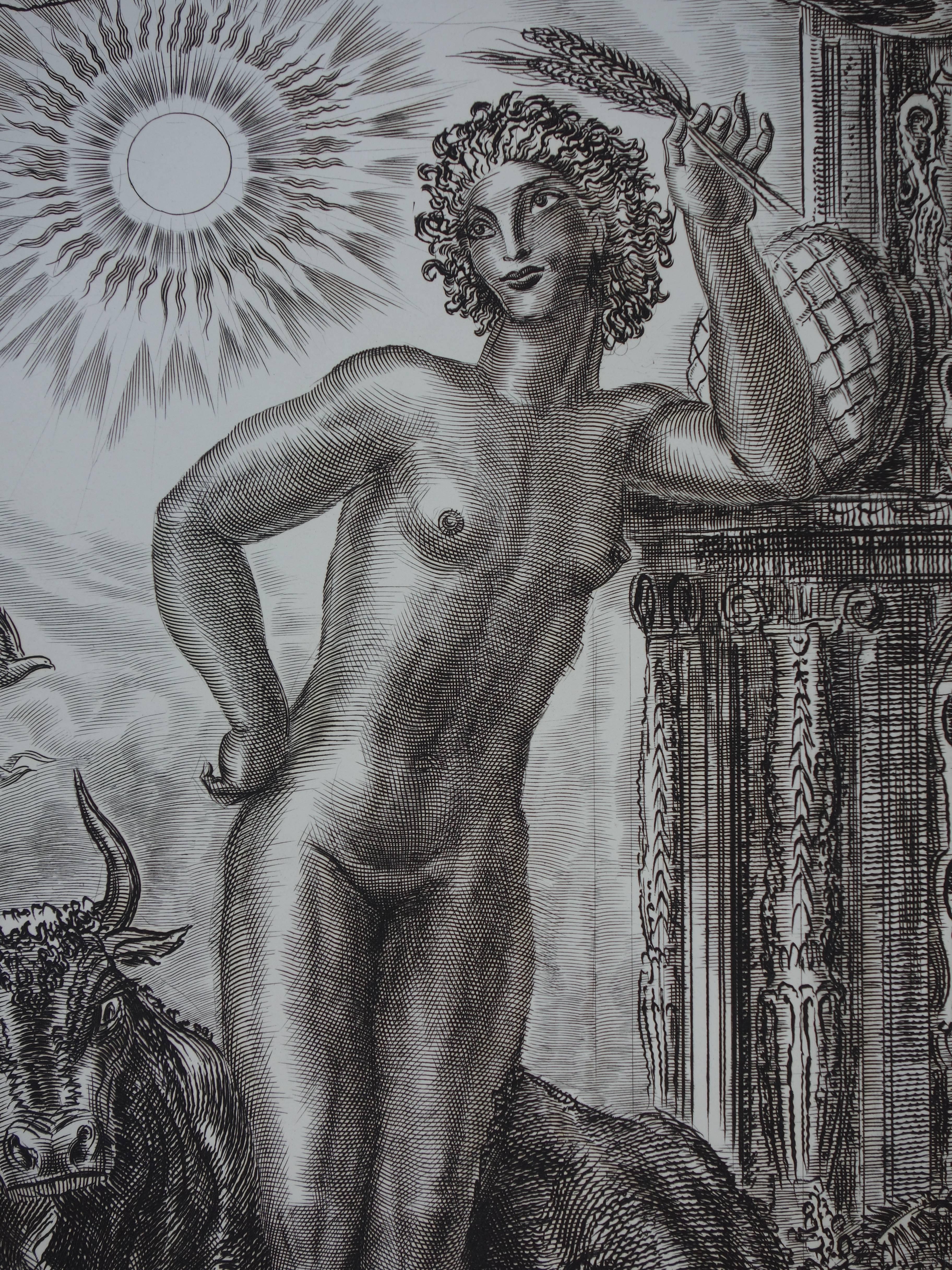 July : Rise of Nature - Original handsigned etching - Exceptional n° 1/100 - Gray Figurative Print by Albert Decaris