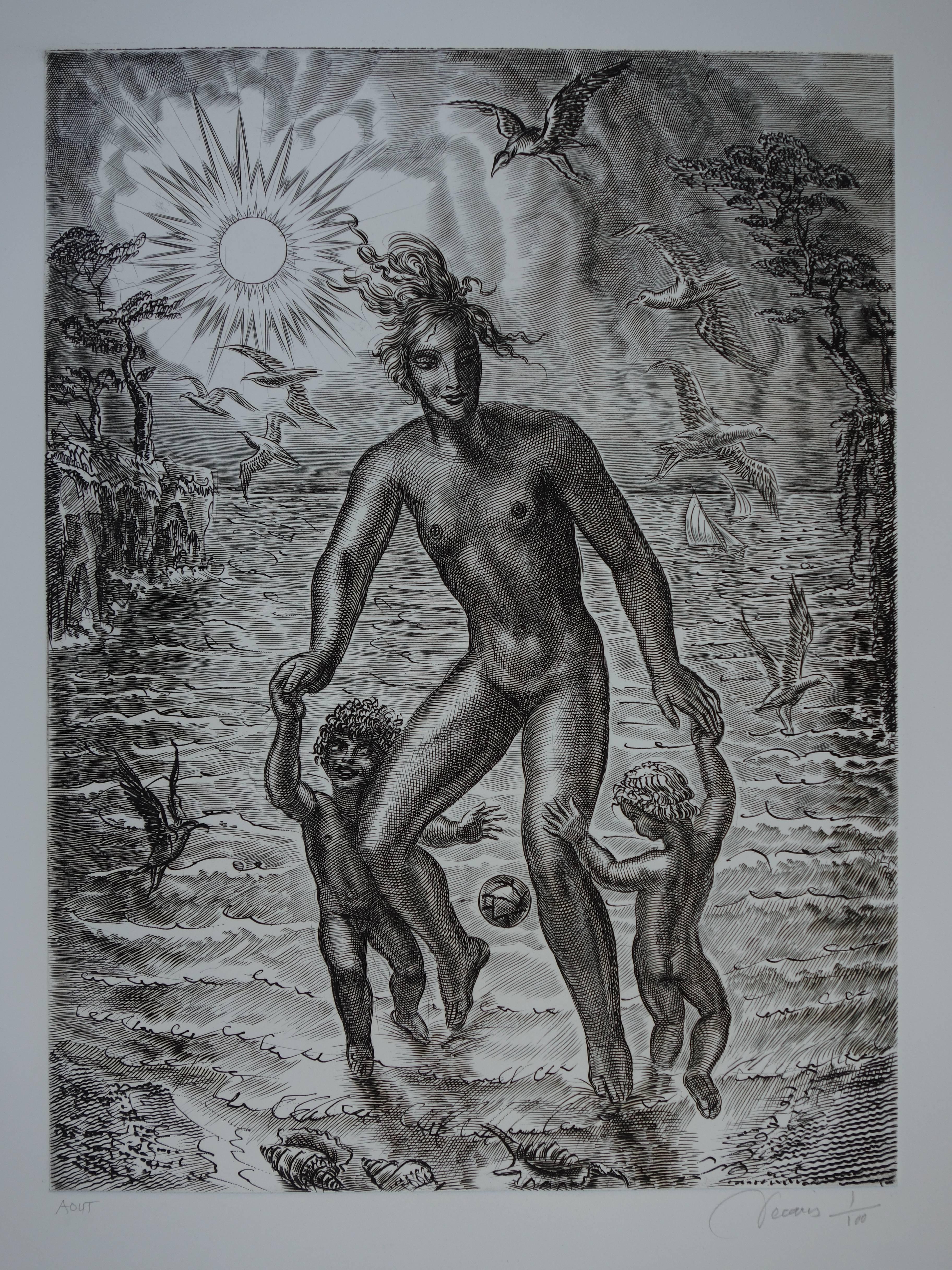 Albert Decaris Figurative Print - August : Summer Holidays - Original handsigned etching - Exceptional n° 1/100