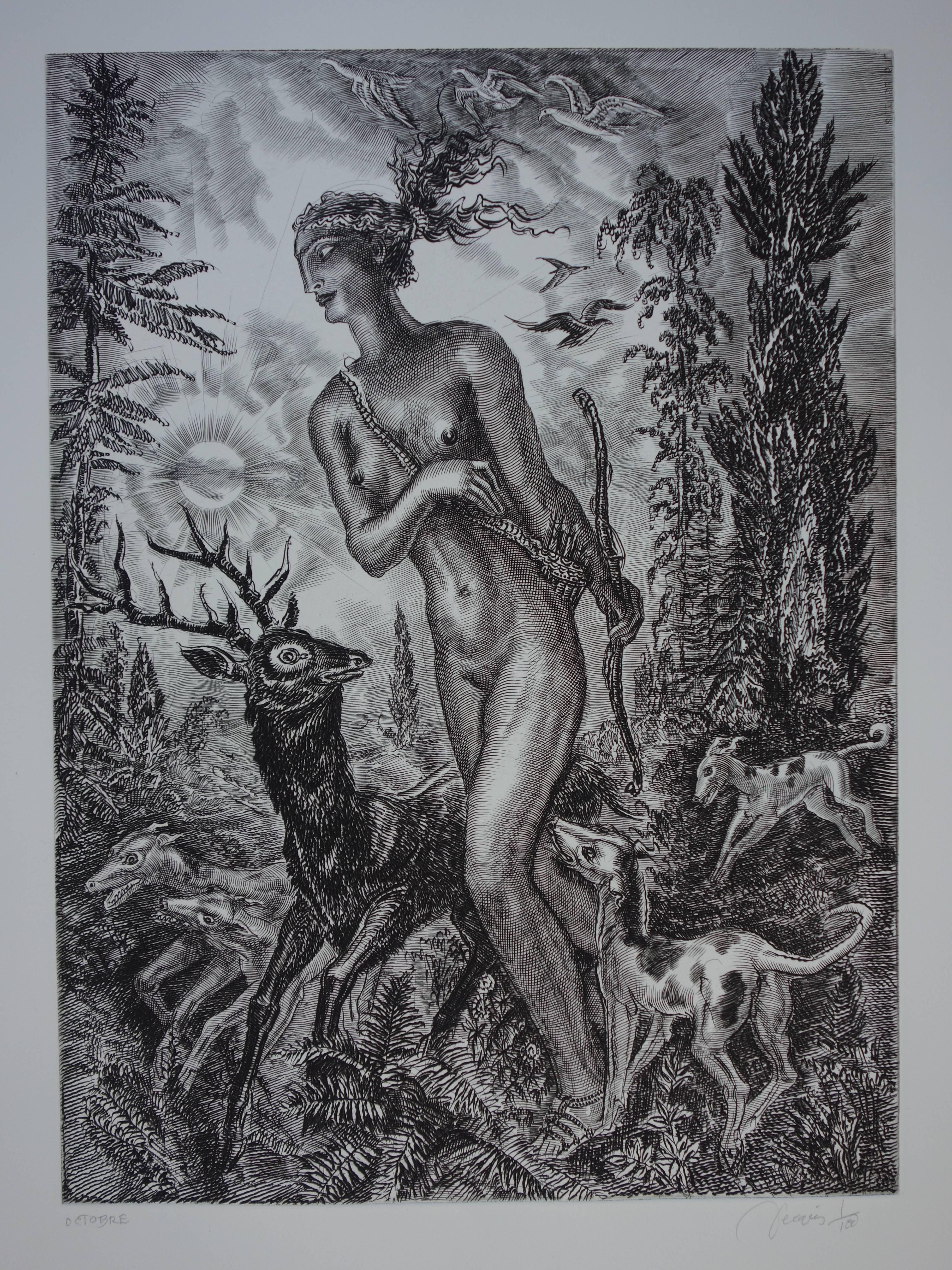 Albert Decaris Figurative Print – Oktober : Diane die Jägerin - Original handsignierte Radierung - Außergewöhnlich n°1/100