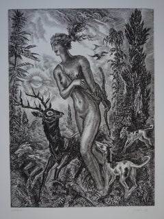Octubre : Diane la Cazadora - Grabado original firmado a mano - Excepcional n°1/100