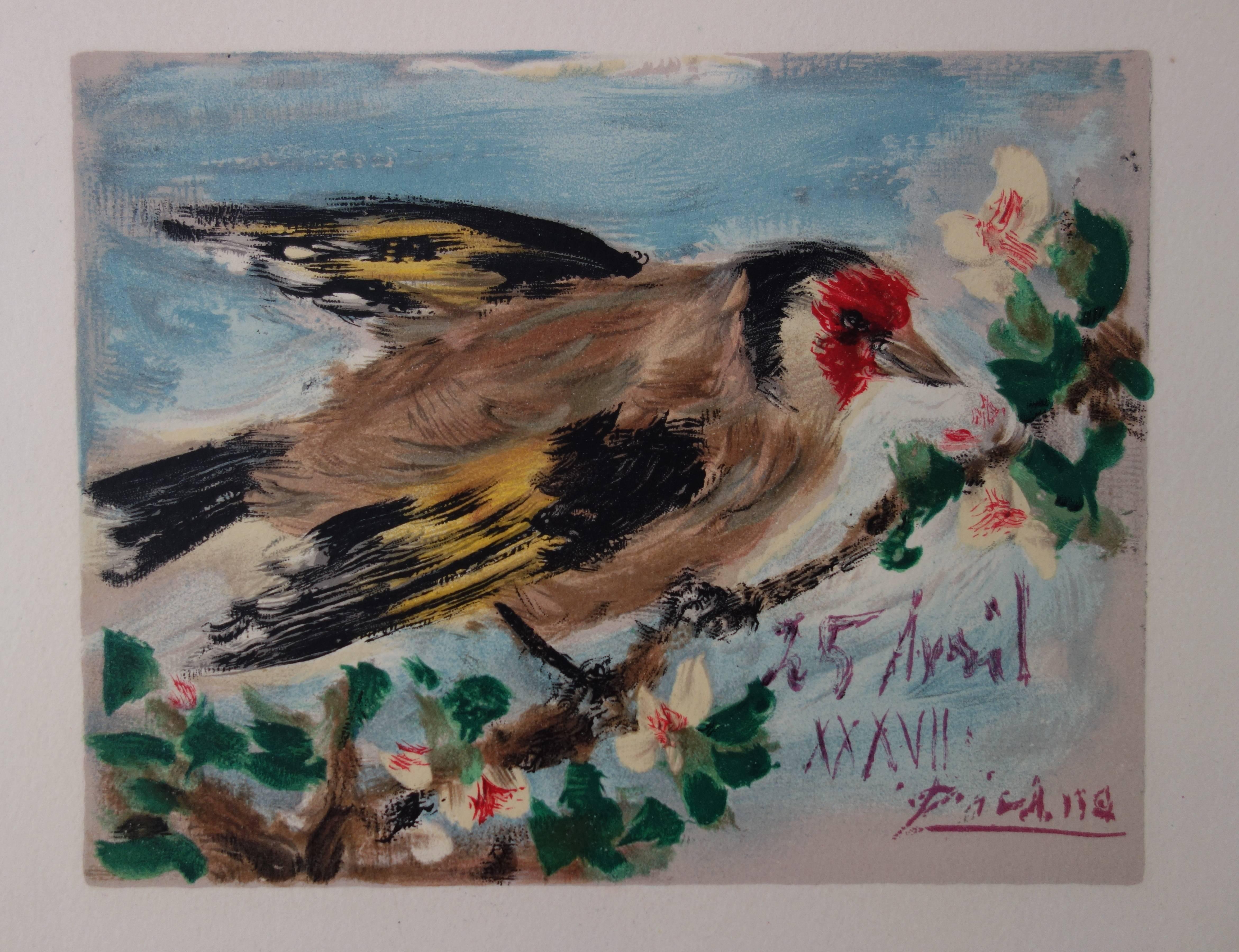 Bird on Flowering Tree - Lithograph - 1957