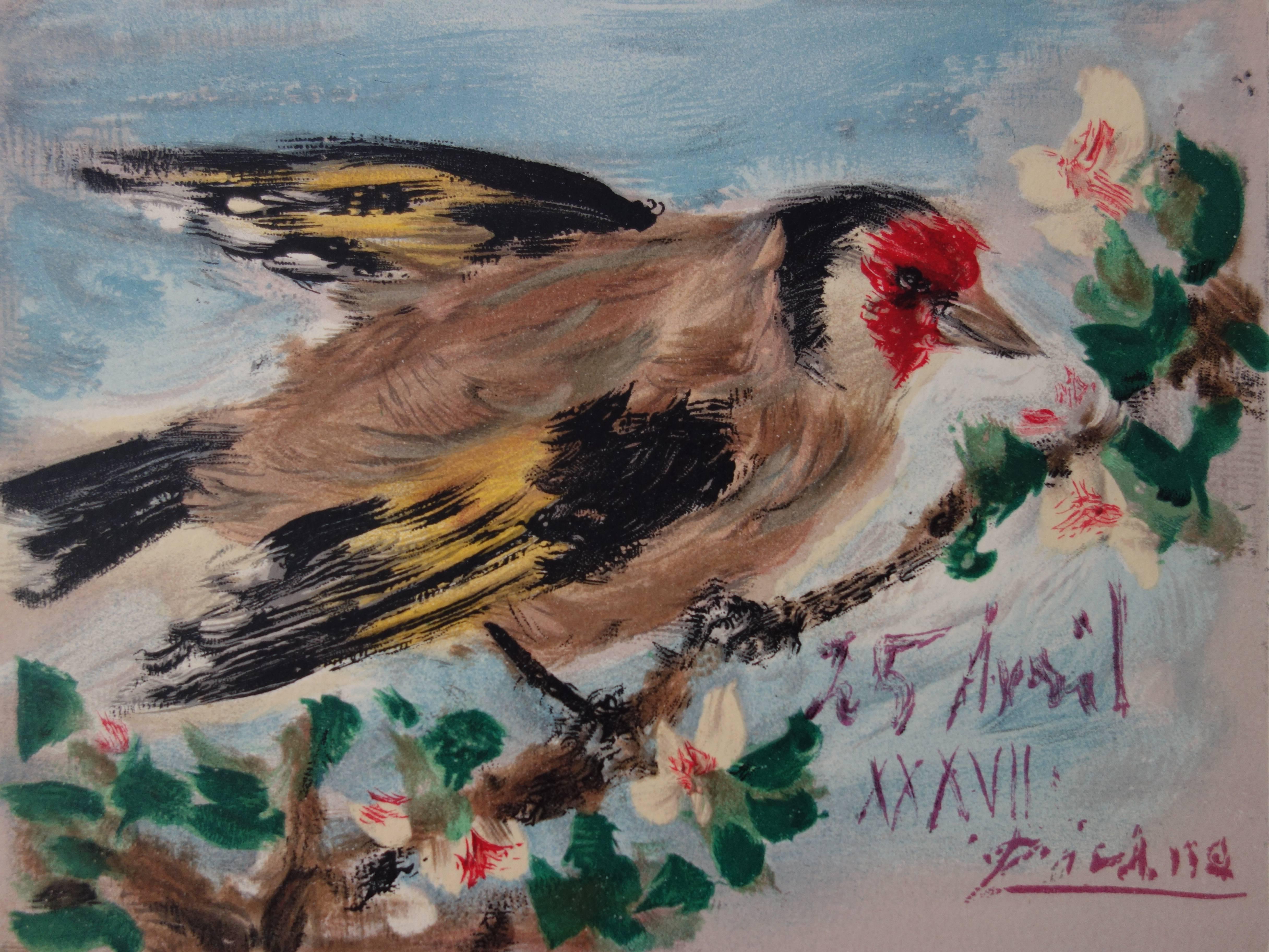Oiseau sur un arbre en fleurs - Lithographie - 1957 - Gris Animal Print par (after) Pablo Picasso