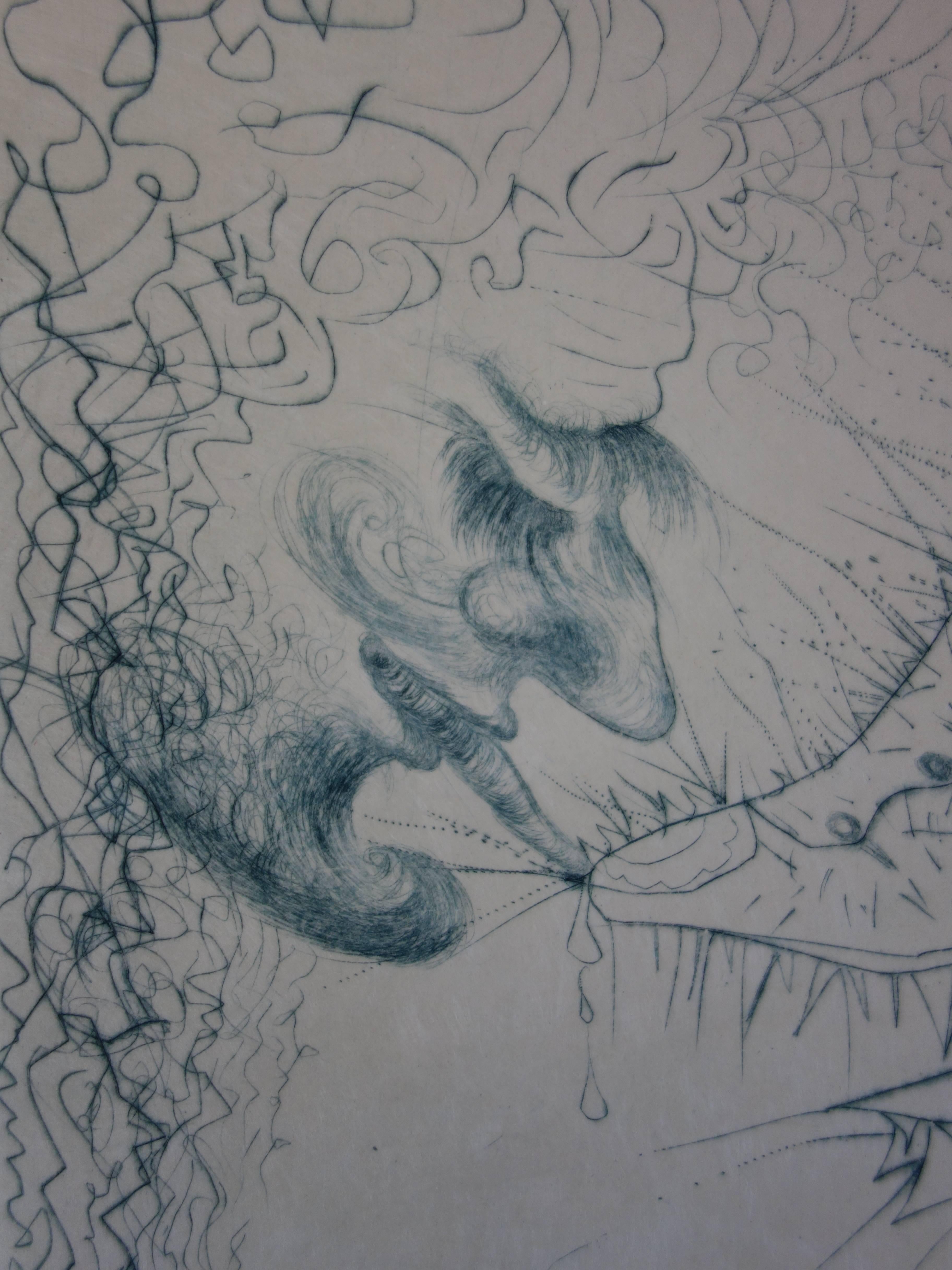 Salvador DALI
Homme embrassant une chaussure, 1969

Gravure originale 
Avec la signature de l'artiste en cachet aveugle
Épreuve rare en gry bleu
Sur papier japonais 38 x 28 cm (c. 15 x 11in)

Références :
- Catalogue raisonné Field #68-6D
-