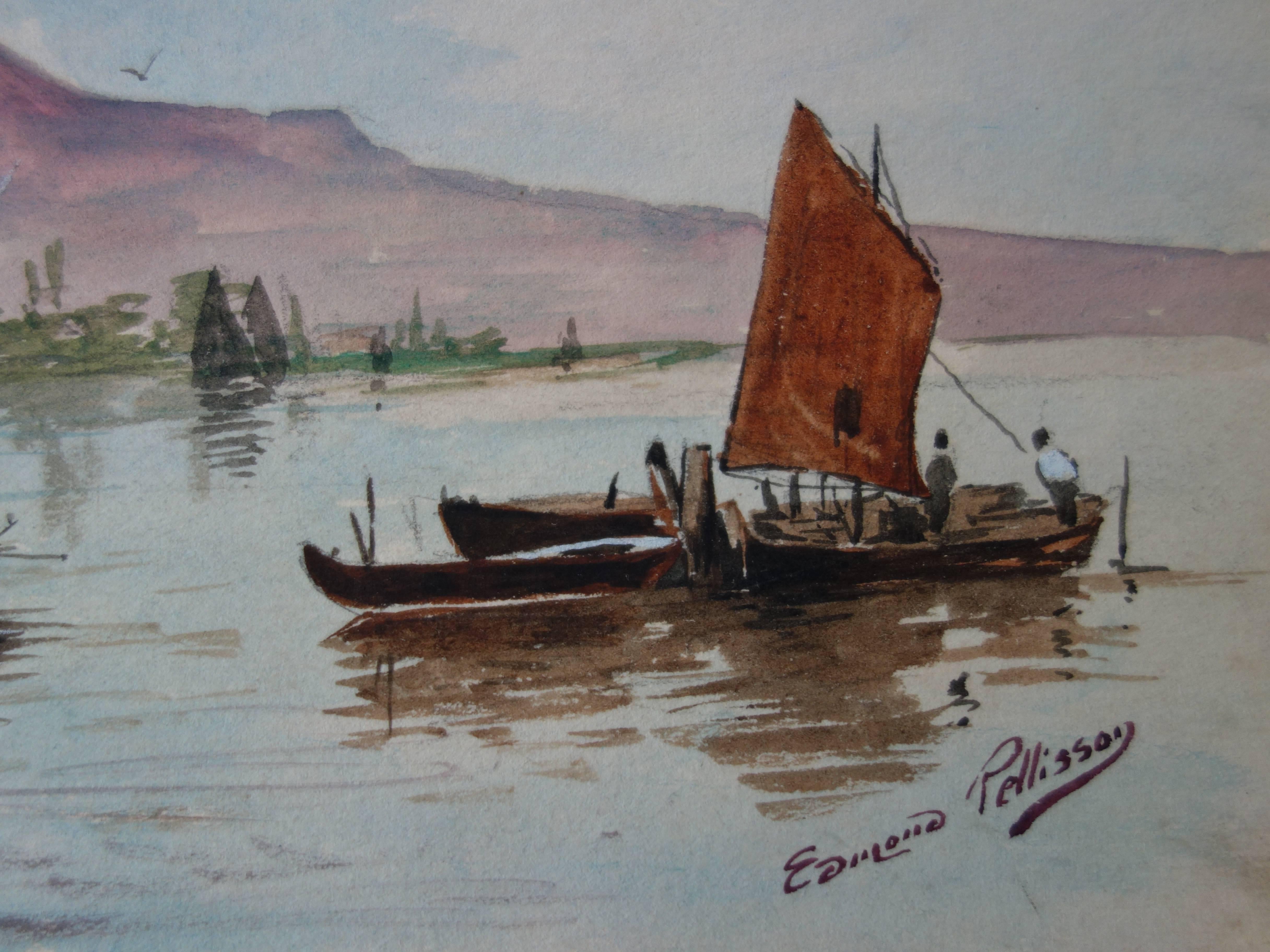Boats in Morocco - Original handsigned watercolor - c. 1899 - Art by Edmond Pellisson