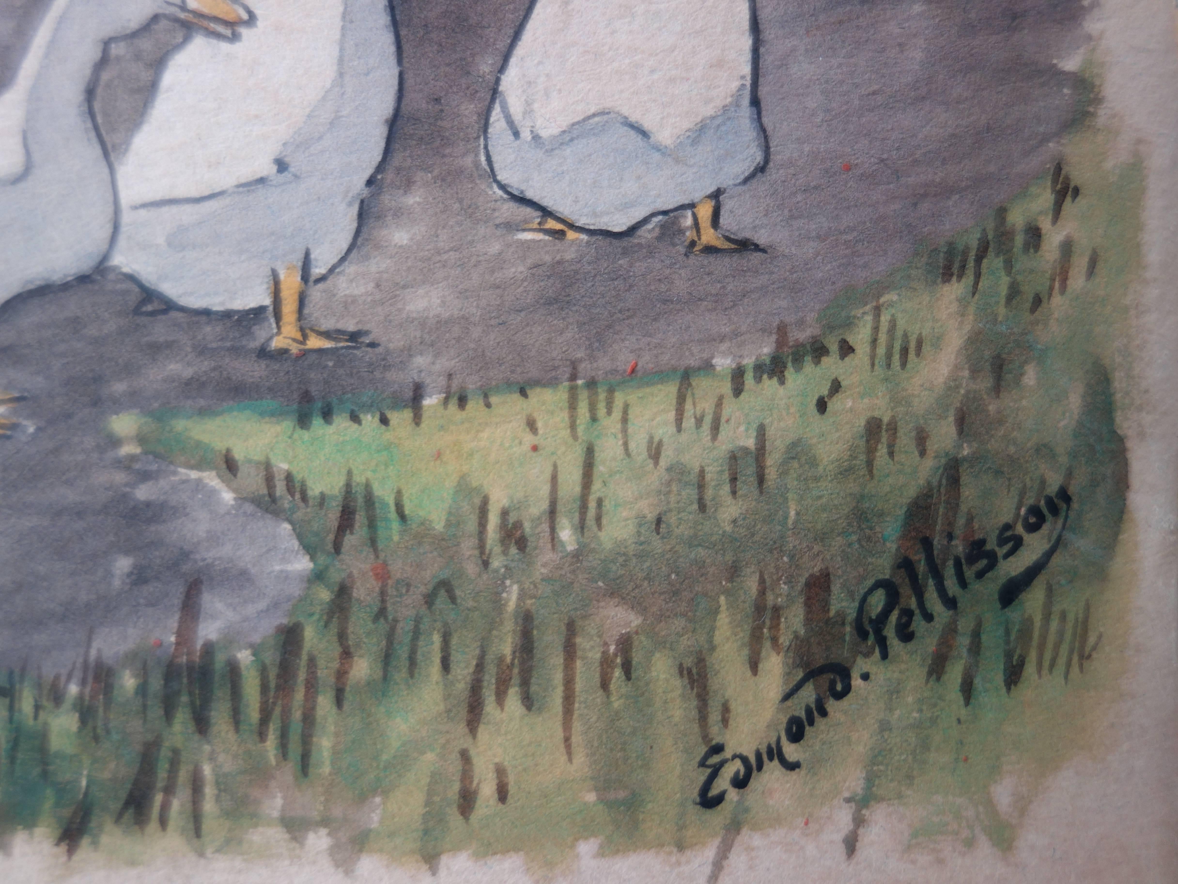 White Ducks Family - Original handsigned watercolor - c. 1899 - Art by Edmond Pellisson