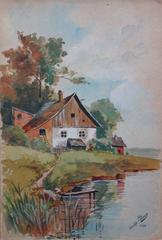 Wooden Chalet Near A Lake - Original handsigned watercolor - c. 1902