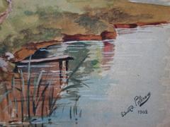 Holz Chalet in der Nähe eines Sees – Original handsigniertes Aquarell – um 1902