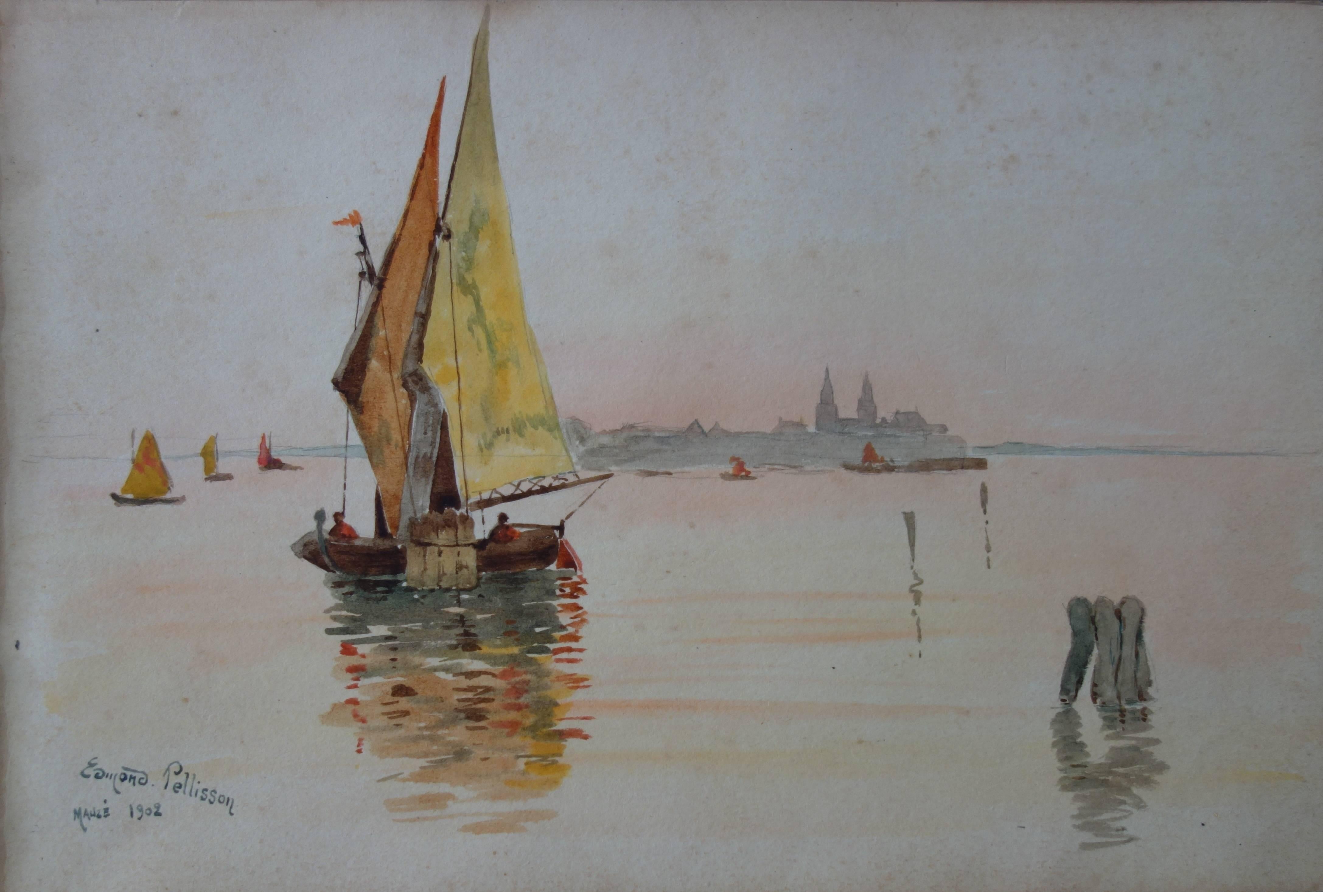 Edmond Pellisson Landscape Art - Italy : Boats Near Venice - Original handsigned watercolor - c. 1902