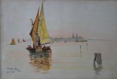Italy : Boats Near Venice - Original handsigned watercolor - c. 1902