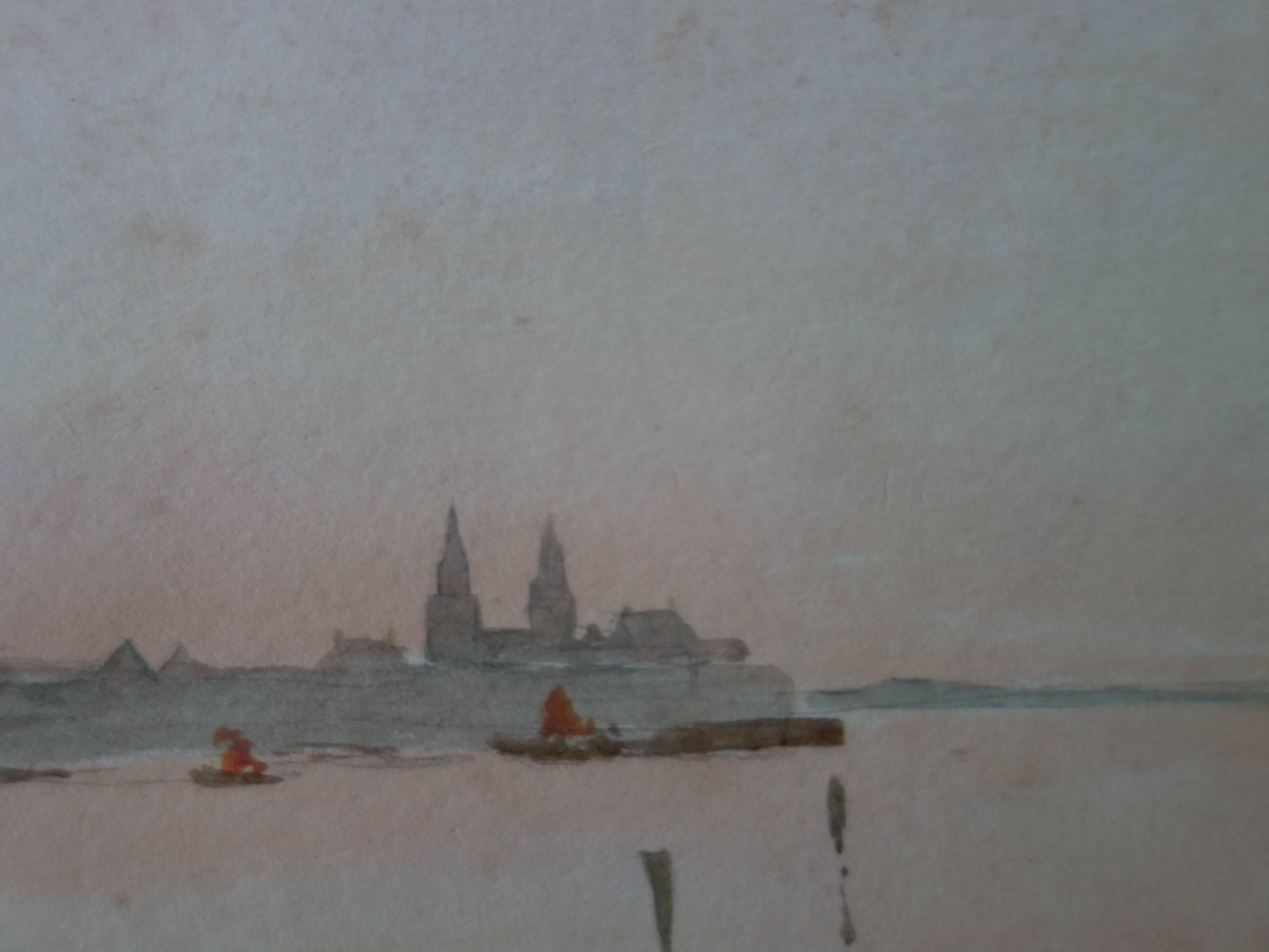 Italy : Boats Near Venice - Original handsigned watercolor - c. 1902 - Impressionist Art by Edmond Pellisson