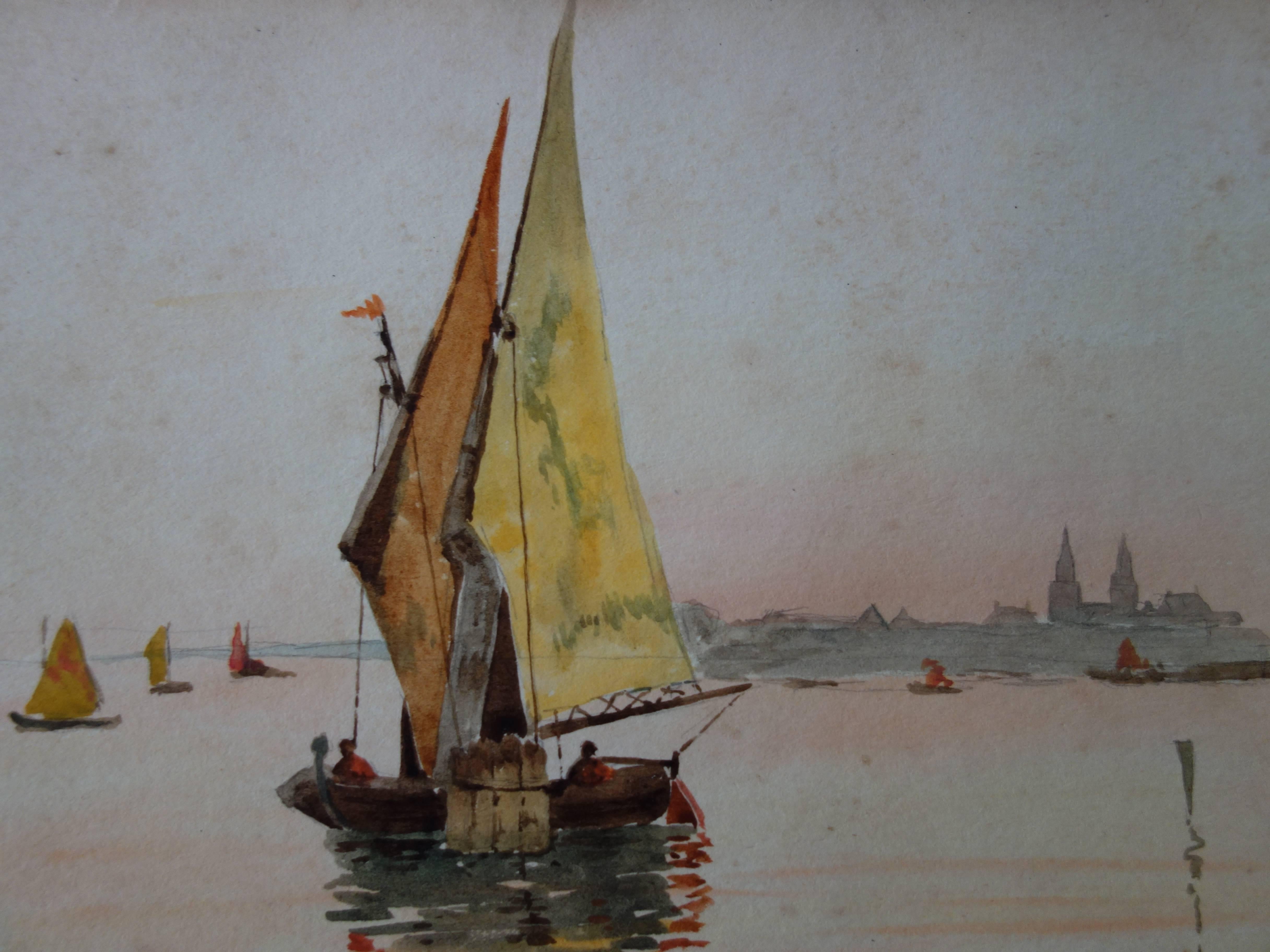 Italy : Boats Near Venice - Original handsigned watercolor - c. 1902 - Gray Landscape Art by Edmond Pellisson