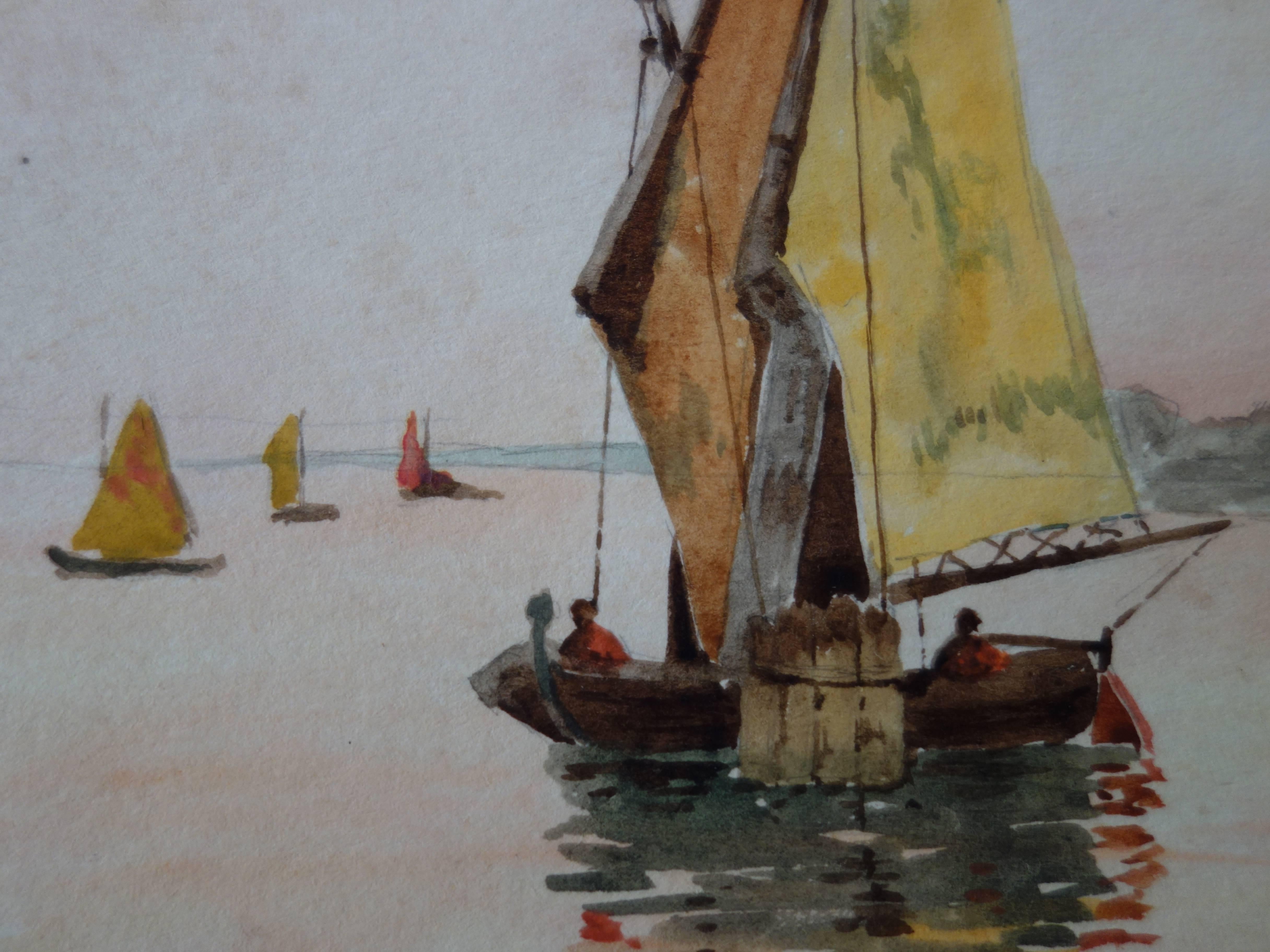 Edmond PELLISSON
Italy : Boats near Venice, c. 1902

Original watercolor painting
Handsigned bottom right
On vellum 18 x 26 cm (c. 7 x 10.5in)
There is another watercolor on the back of the sheet (Medevial scenes)

Excellent condition

