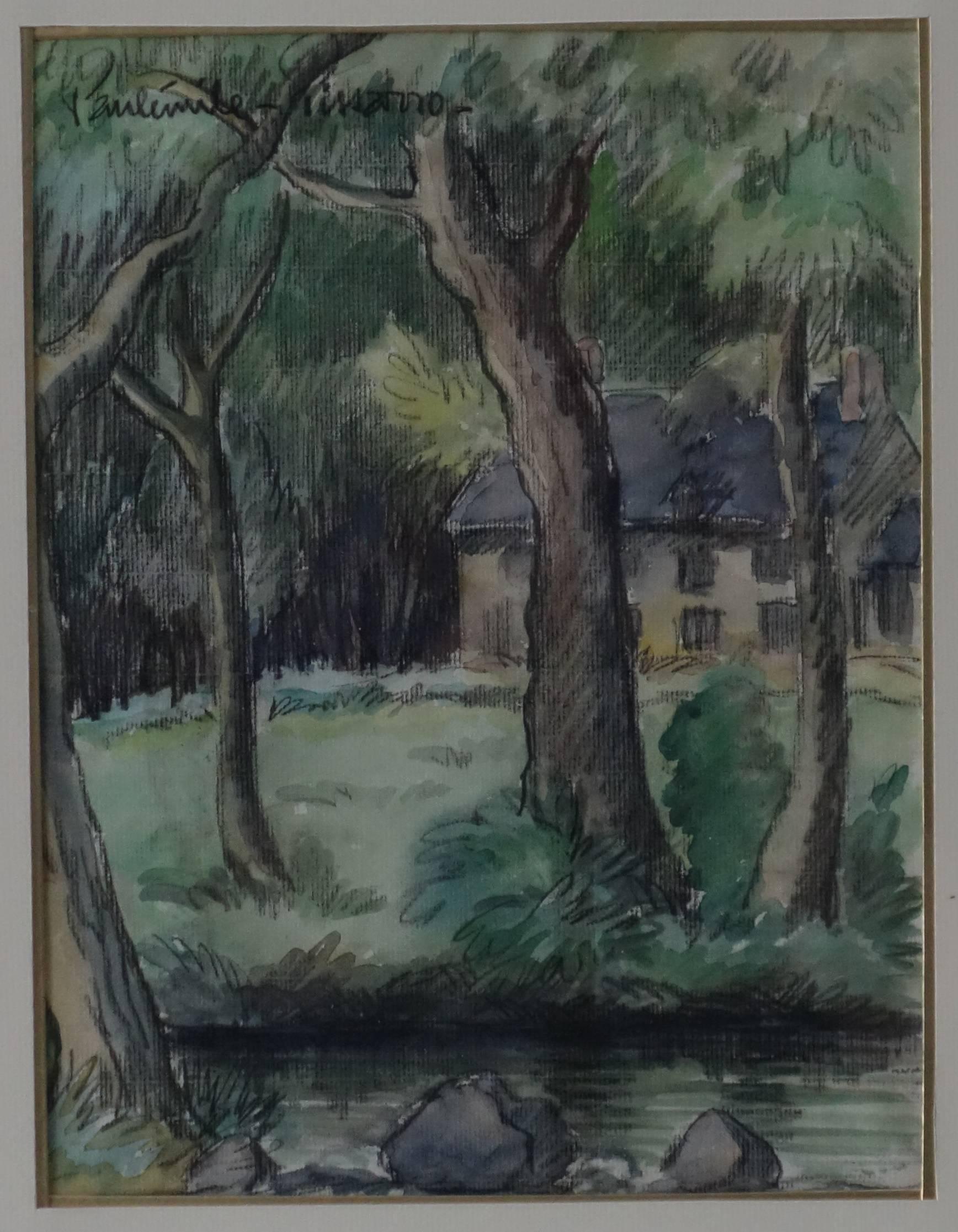The House Near the River - Original watercolor painting - Signed - Impressionist Art by Paul Emile Pissarro