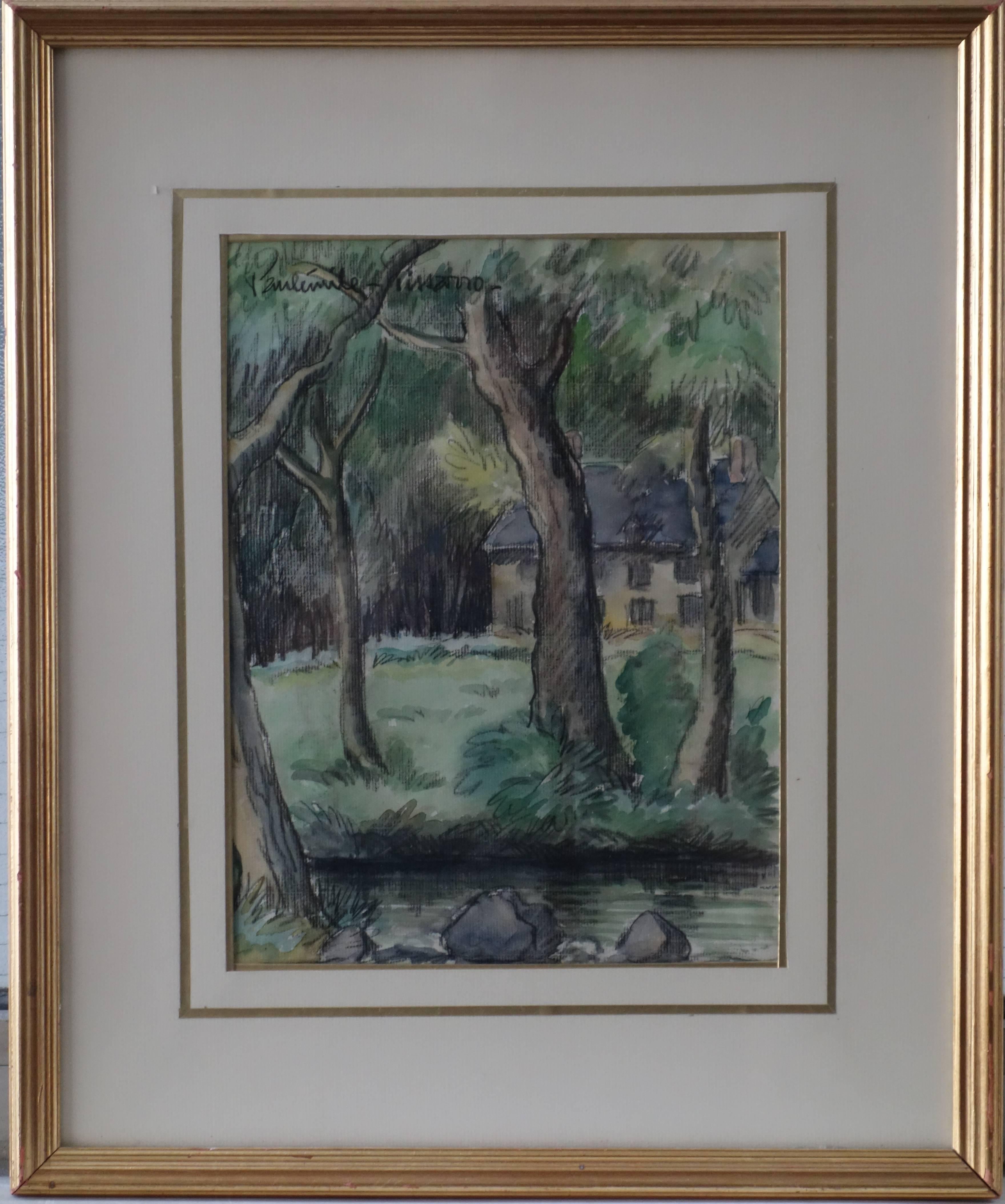Paul Emile Pissarro Landscape Art - The House Near the River - Original watercolor painting - Signed