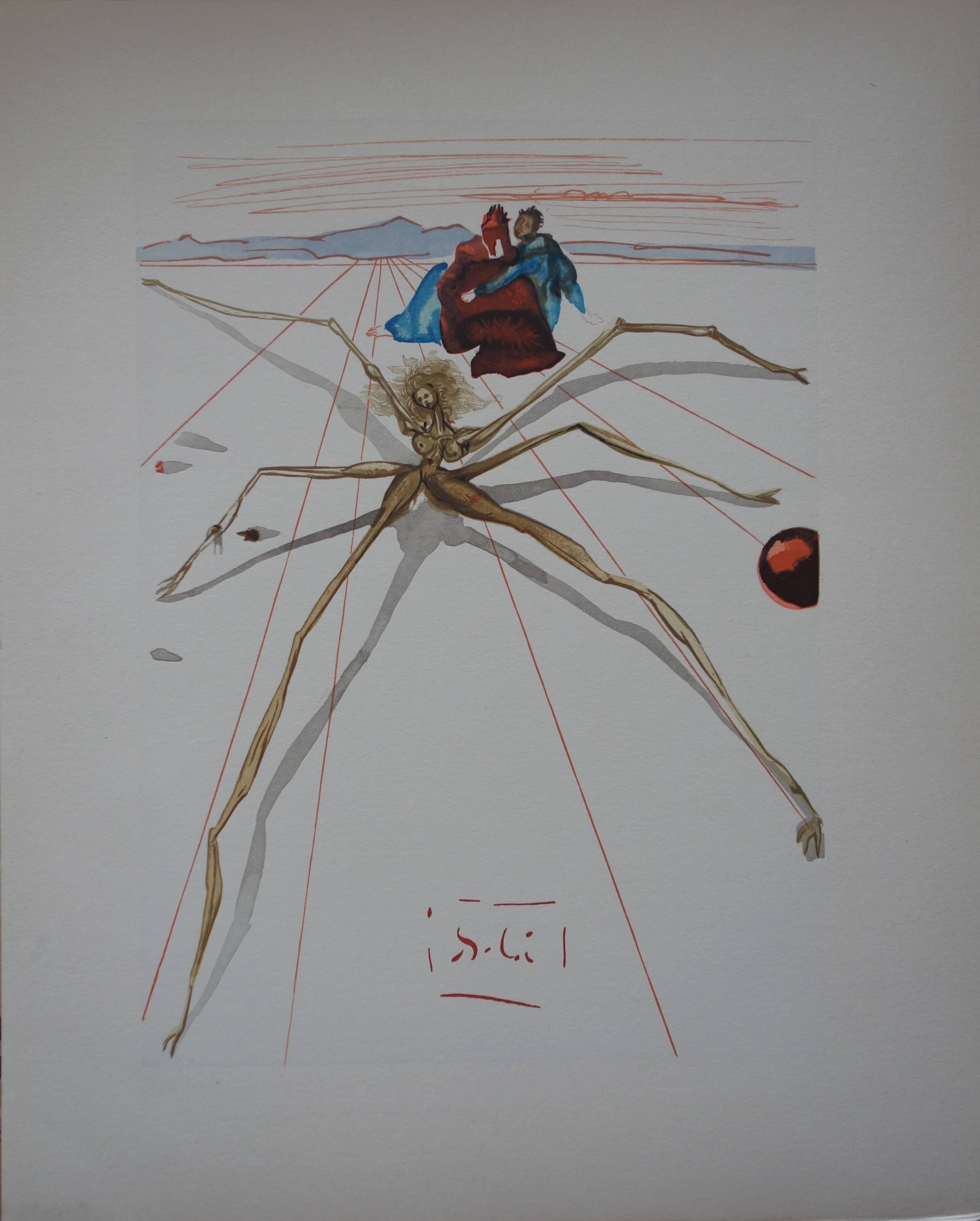 Salvador Dalí Figurative Print - Purgatory 17 - Leaving the Ledge of Anger - Color woodcut - 1963