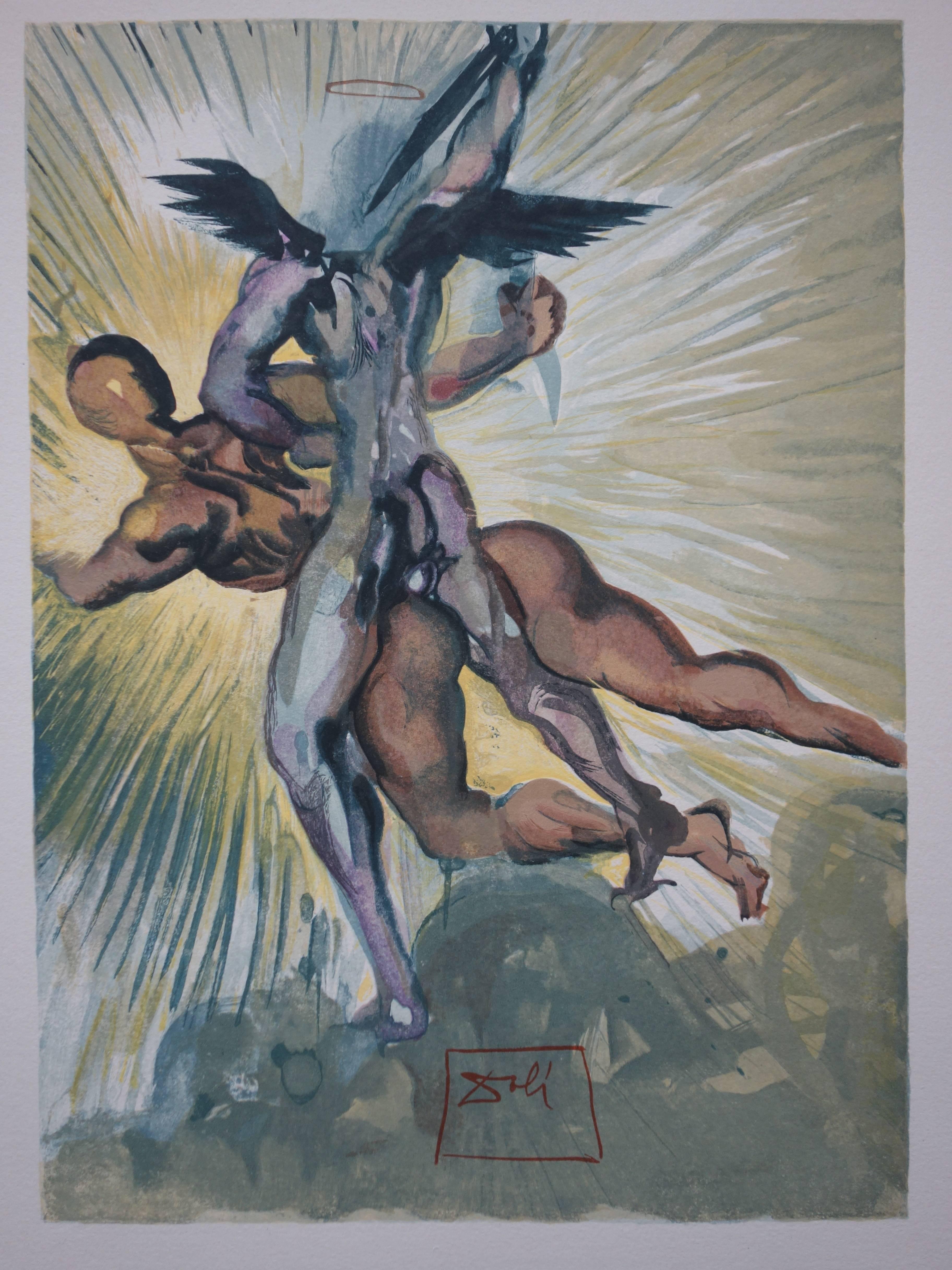 Purgatory 8 - The Guardian Angels of the Valley - Original woodcut - 1963 - Gray Figurative Print by Salvador Dalí
