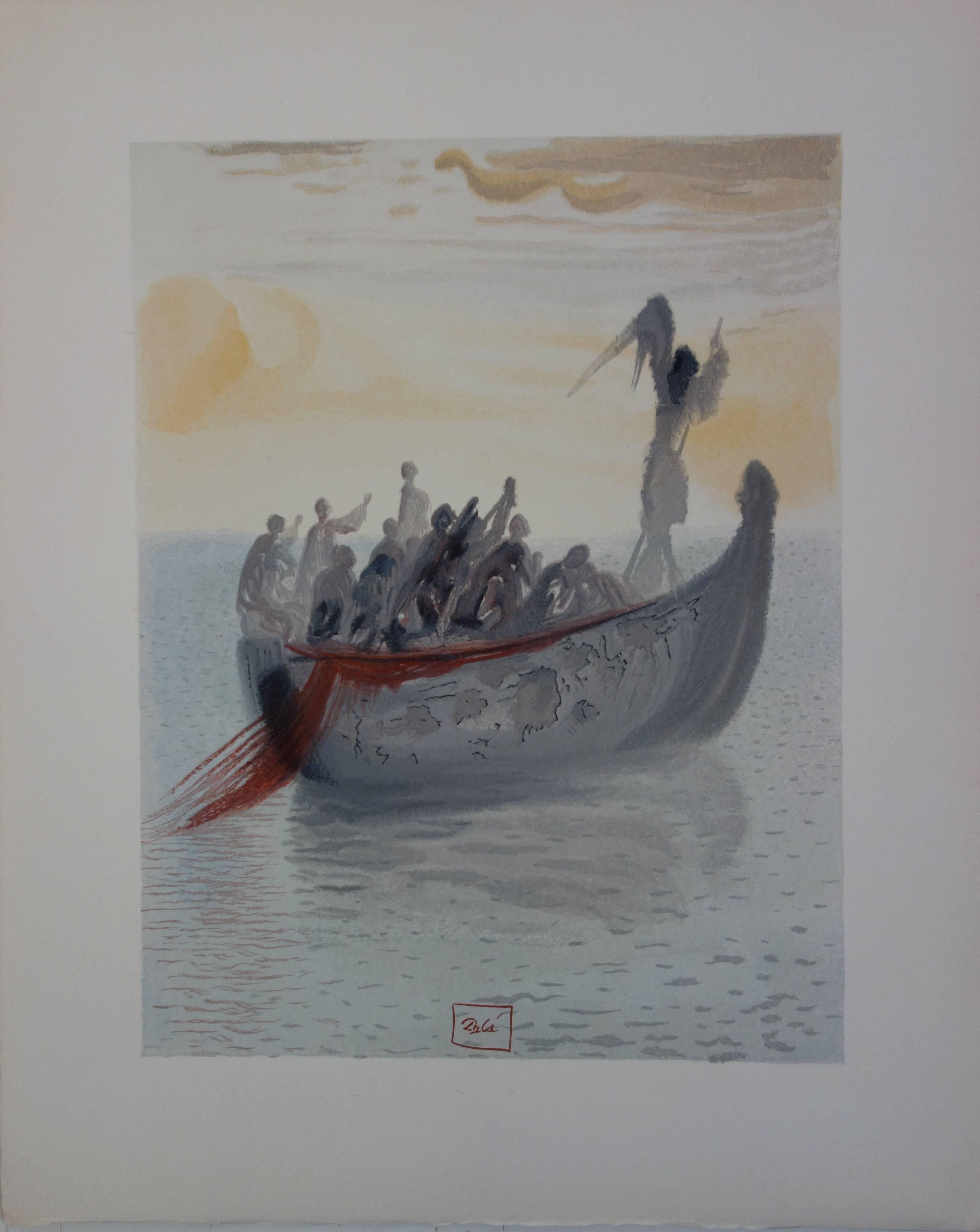 Salvador Dalí Figurative Print - Purgatory 2 - The Ship of the Pilot - Original woodcut - 1963