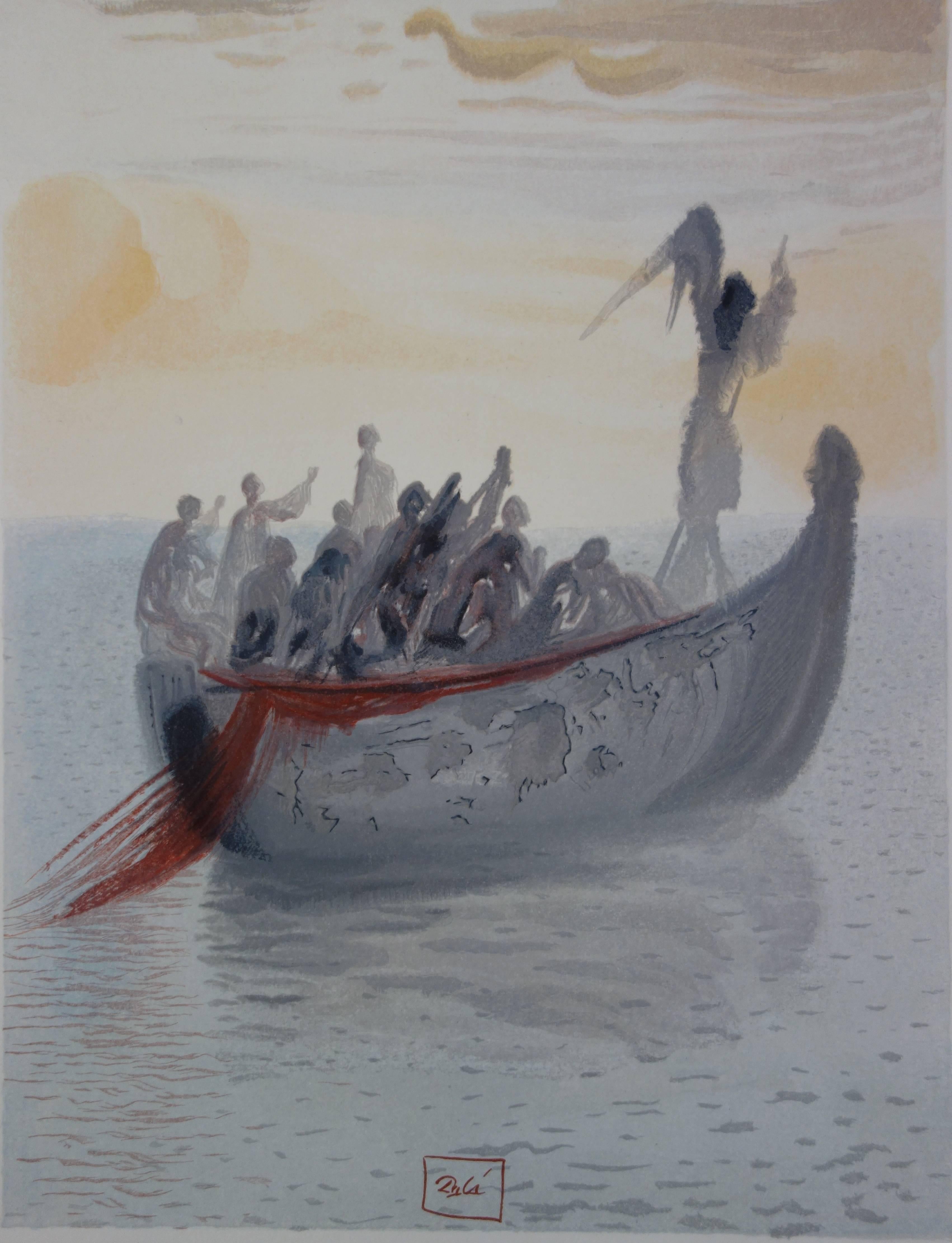 Purgatory 2 - The Ship of the Pilot - Original woodcut - 1963 - Surrealist Print by Salvador Dalí