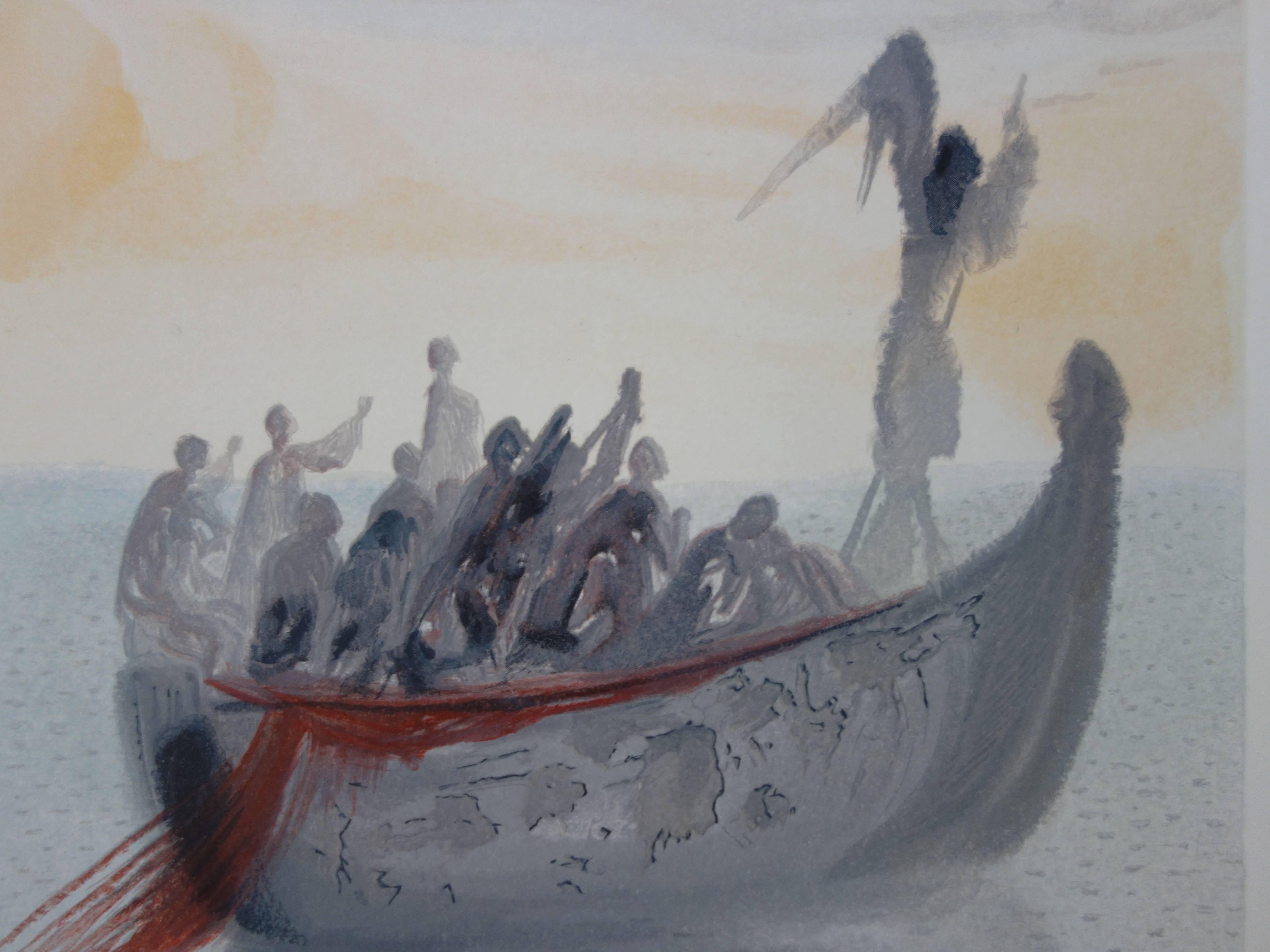 Purgatory 2 - The Ship of the Pilot - Original woodcut - 1963 - Gray Figurative Print by Salvador Dalí