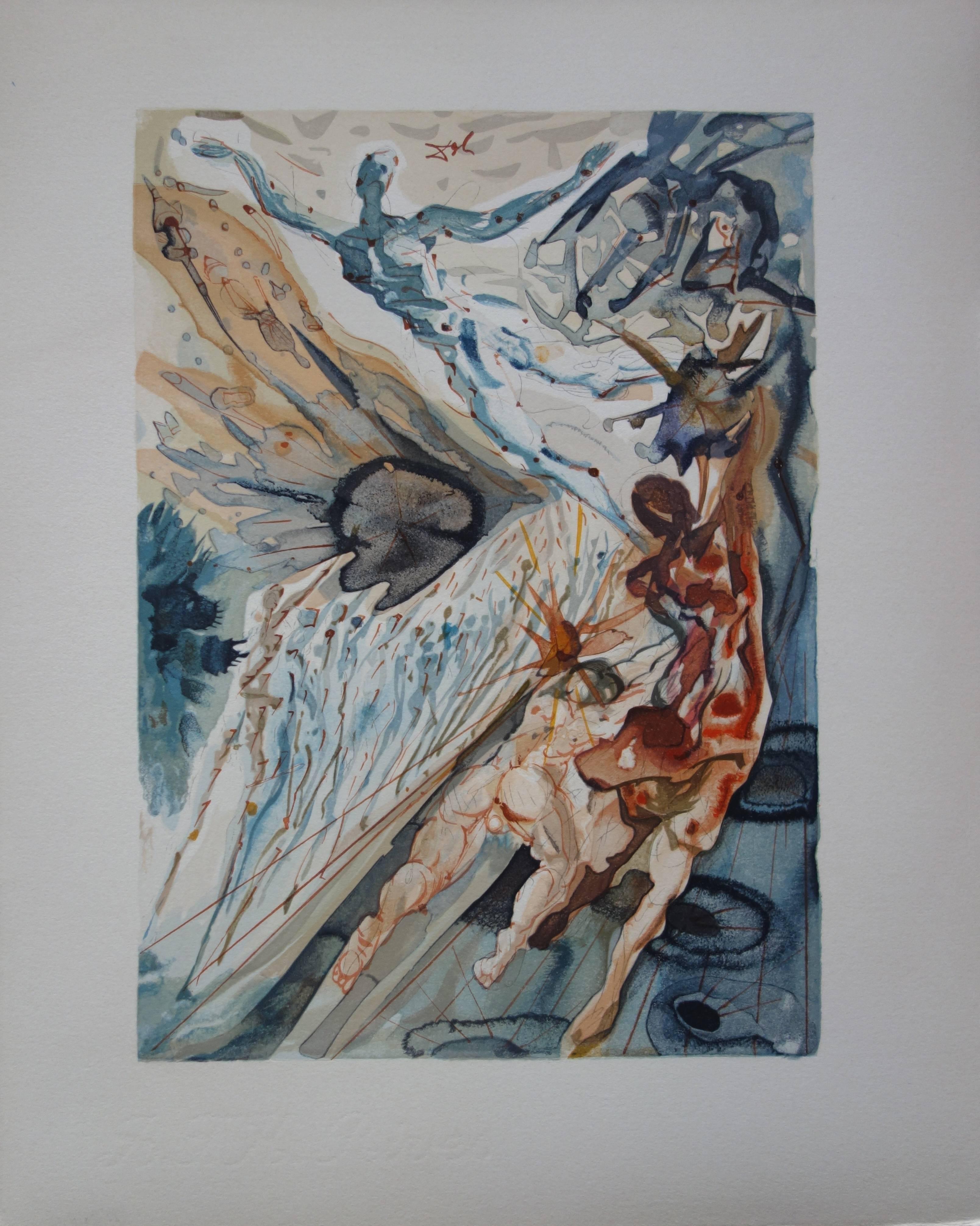 Salvador Dalí Figurative Print – Purgatory 26 - Encounter with Two Groups of the Lusty - Color woodcut