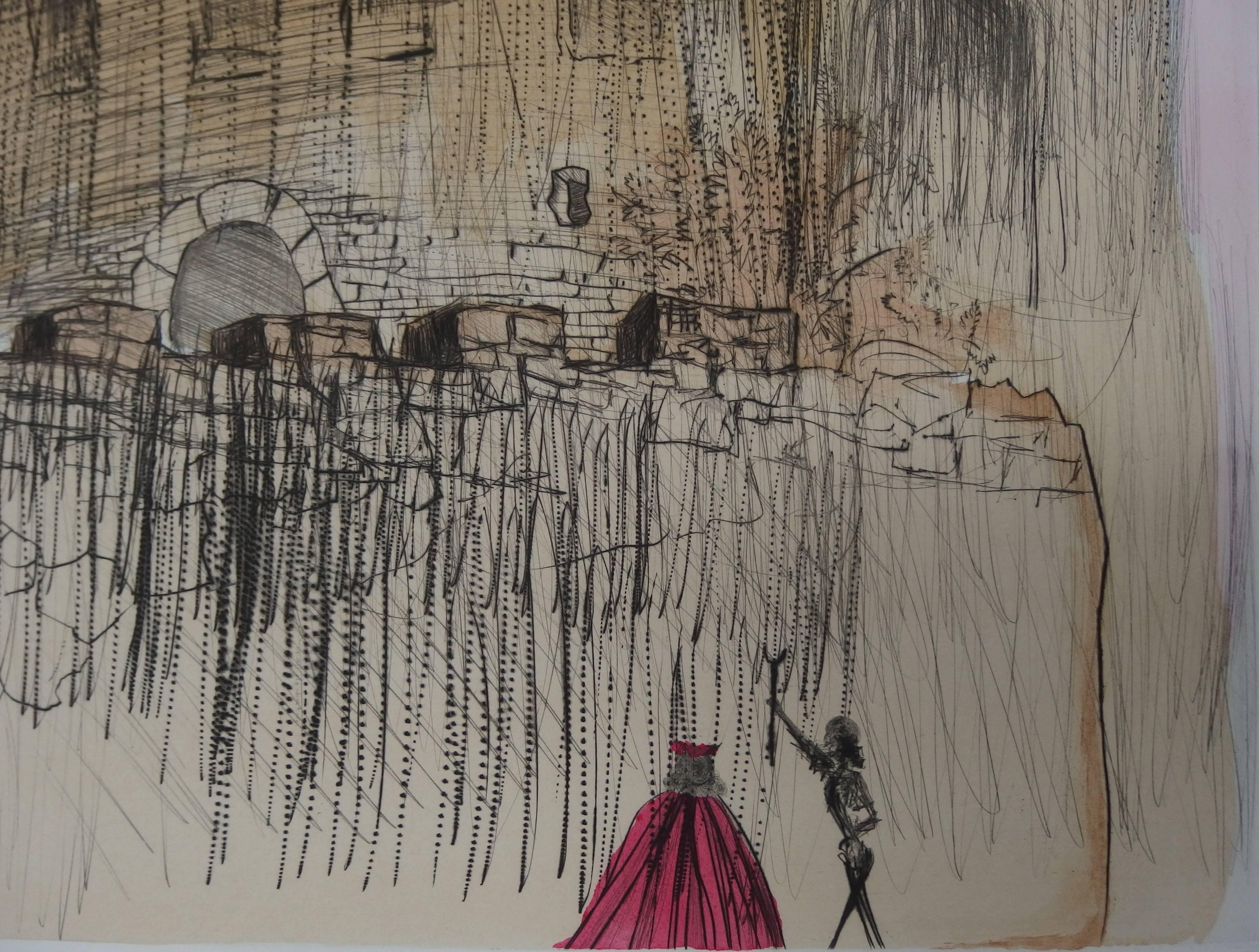 Salvador Dali
Gala's Castle

Original etching and stencil 
Handsigned in the right corner 
with the blind stamp of the editor in the left corner 
On BFK Rives vellum: 65 x 50 cm (25,5 x 20 in)

References:
- Catalogue raisonné Field #74-8 K
-