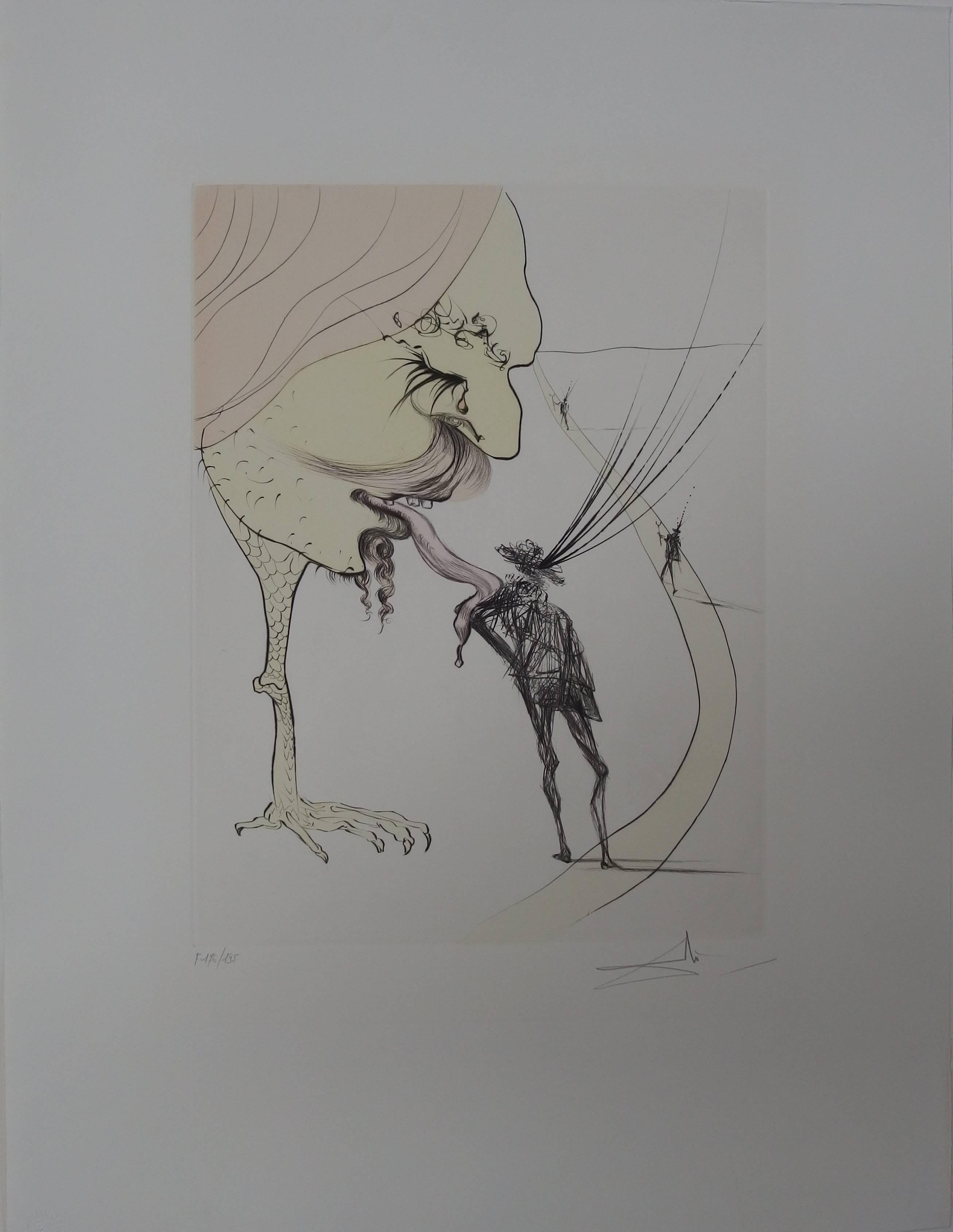 Salvador Dalí Figurative Print - Picasso : A Ticket for Glory - orignal etching - signed - 1974