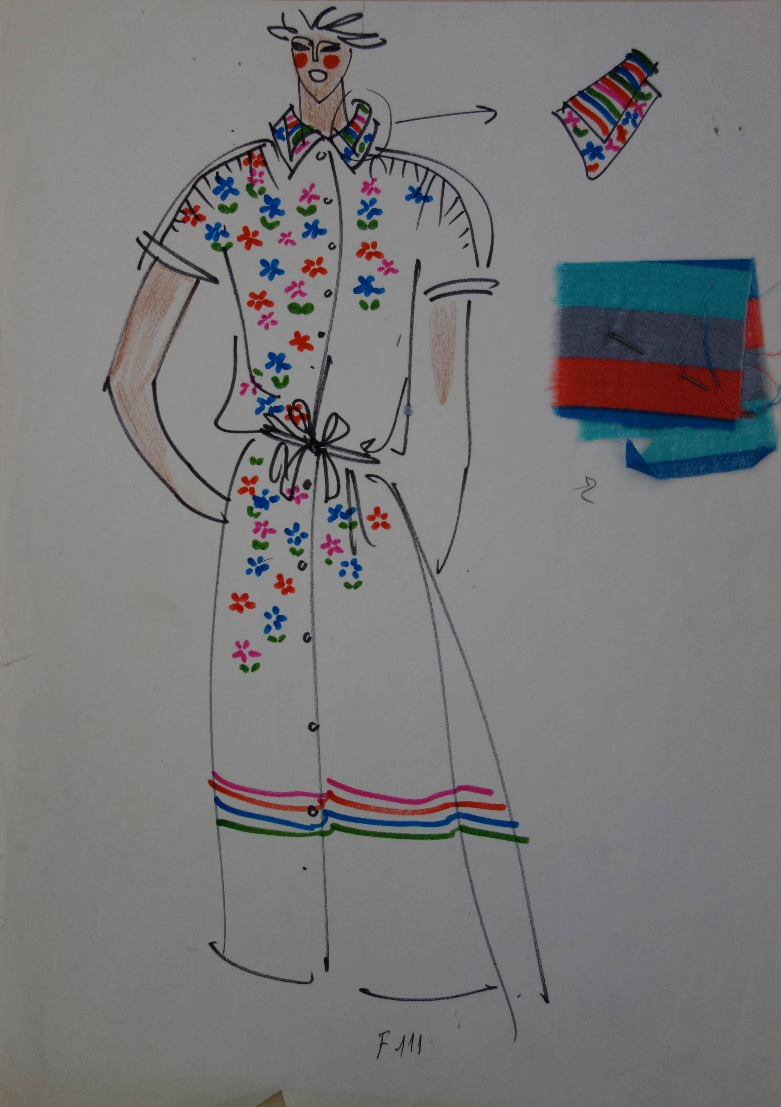[Mode] Tutti Studio - Original ink and pen drawing : Spring Flowers Dress - 1978