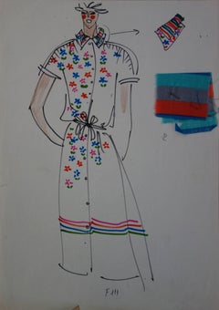 Vintage [Mode] Tutti Studio - Original ink and pen drawing : Spring Flowers Dress - 1978