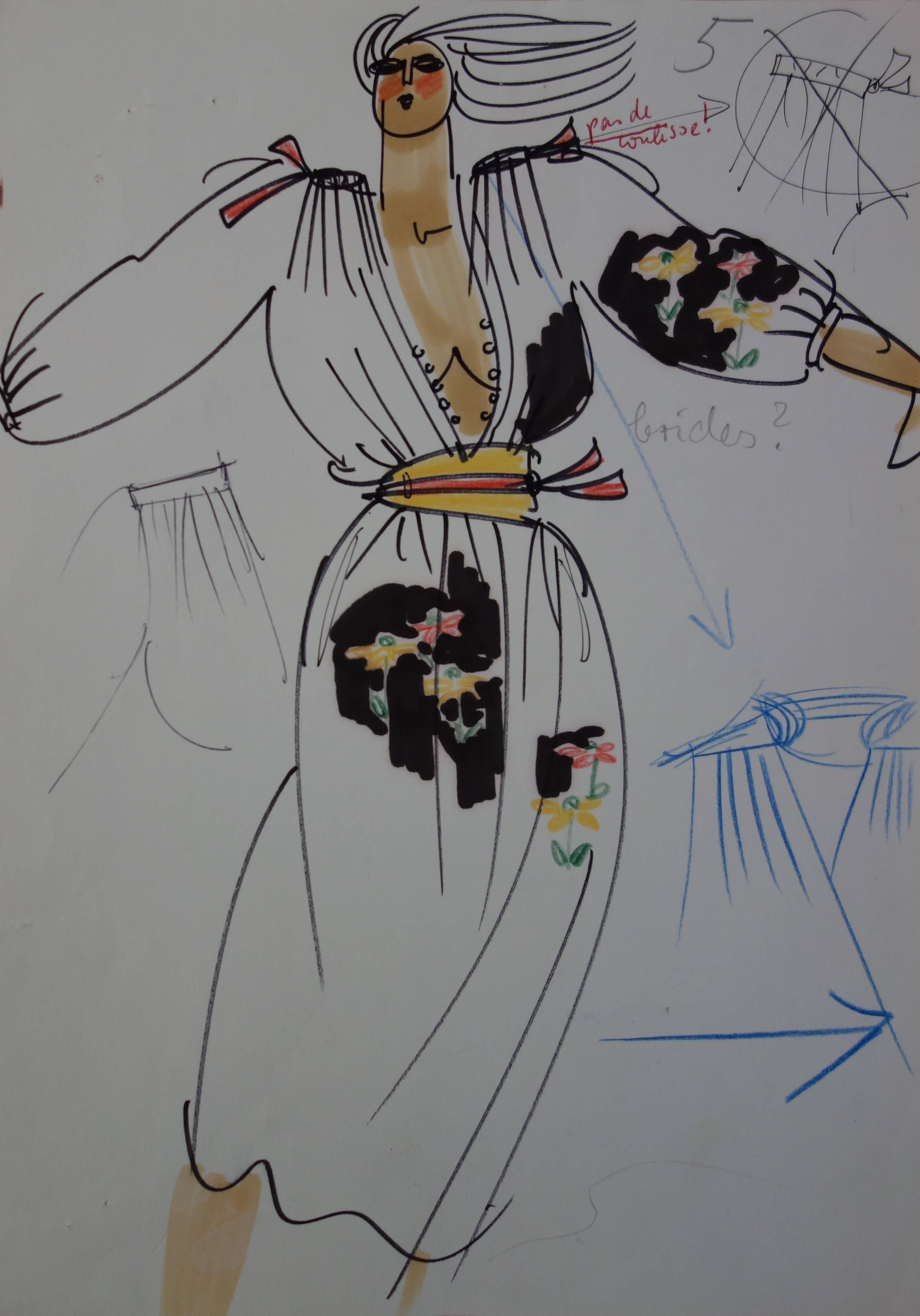 [Mode] Tutti Studio - dessin original à l'encre et au crayon : robe à décolleté bas - 1978