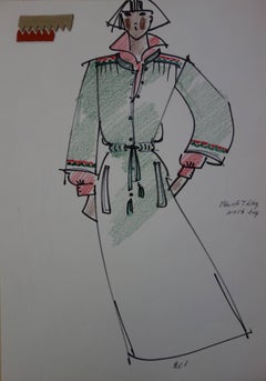 Vintage [Mode] Tutti Studio - Original ink and pen drawing : Military Dress - 1978