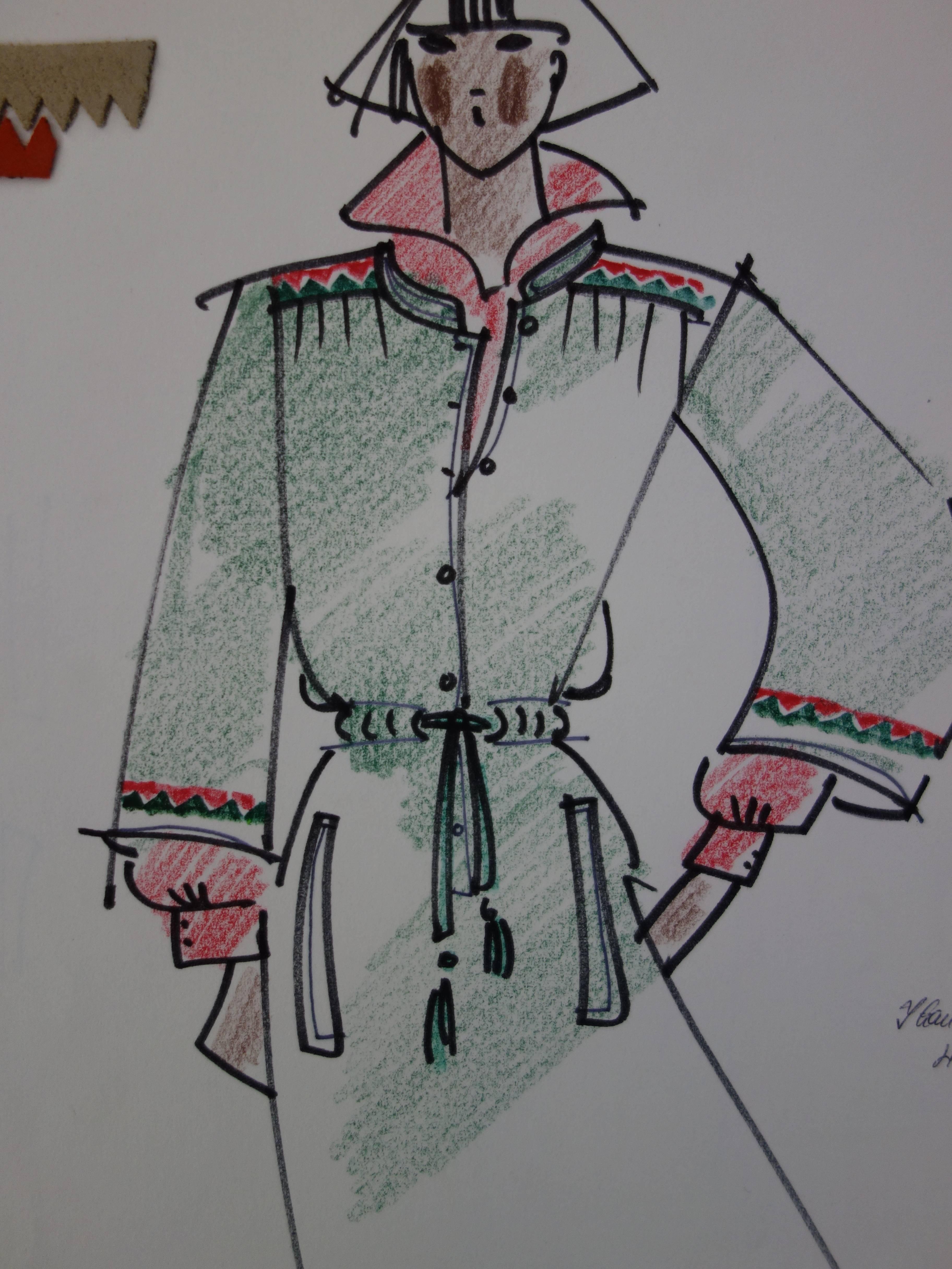 [Mode] Tutti Studio - dessin original à l'encre et au stylo : Robe militaire - 1978 - Art de Unknown