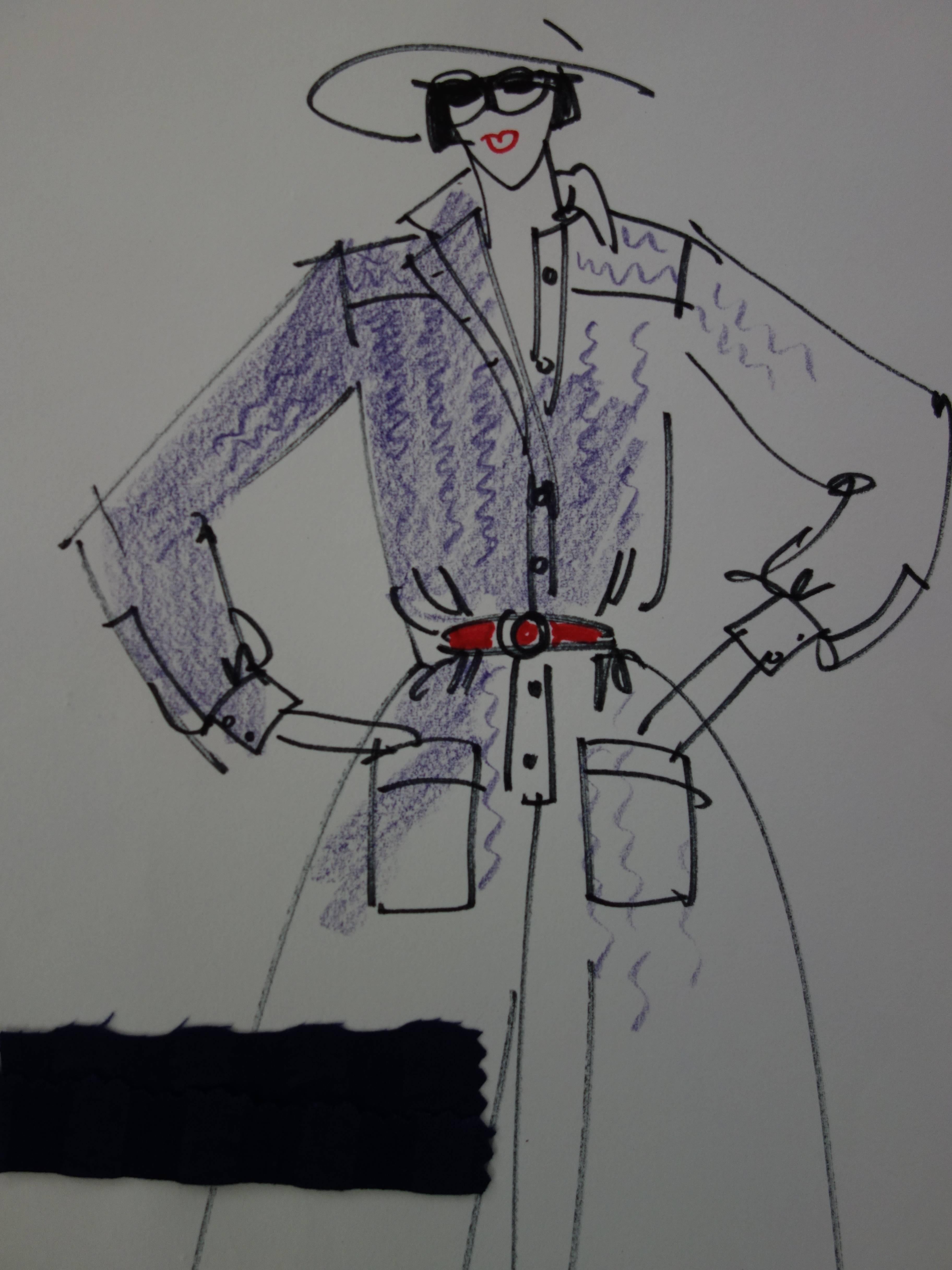 [Mode] Tutti Studio - dessin original à l'encre et au stylo à crayon : robe style manteau - 1978 - Art de Unknown