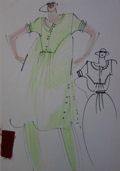 Vintage [Mode] Tutti Studio - Original ink and pen drawing : Wide Green Dress - 1978