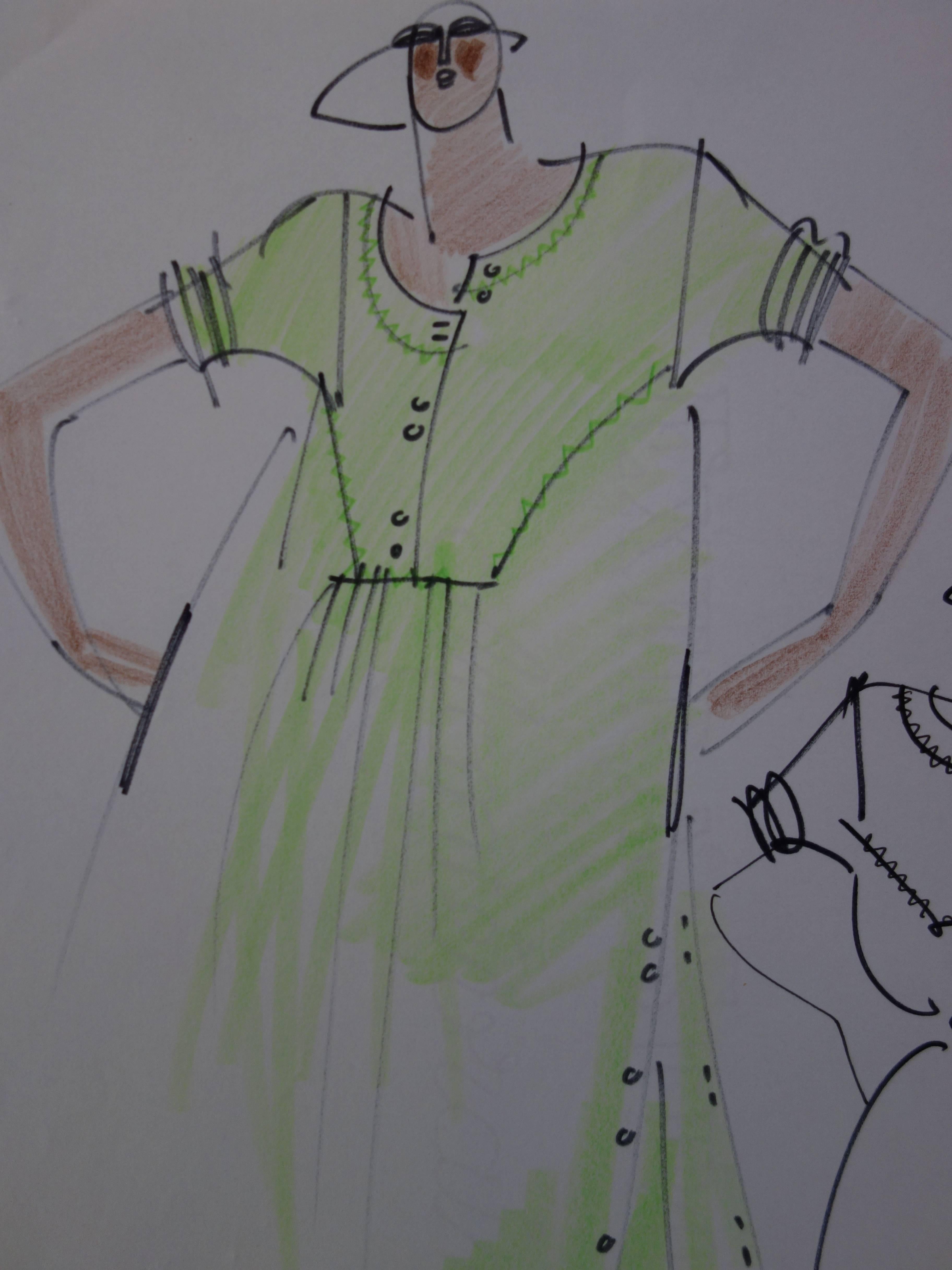 [Mode] Tutti Studio - Original Tinten- und Bleistiftzeichnung: weites grünes Kleid - 1978 – Art von Unknown