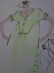 [Mode] Tutti Studio - Disegno originale a penna e inchiostro: Wide Green Dress - 1978
