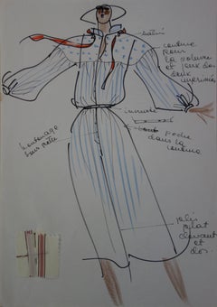 Vintage [Mode] Tutti Studio - Original ink and pen drawing : Mid Season Dress - 1978